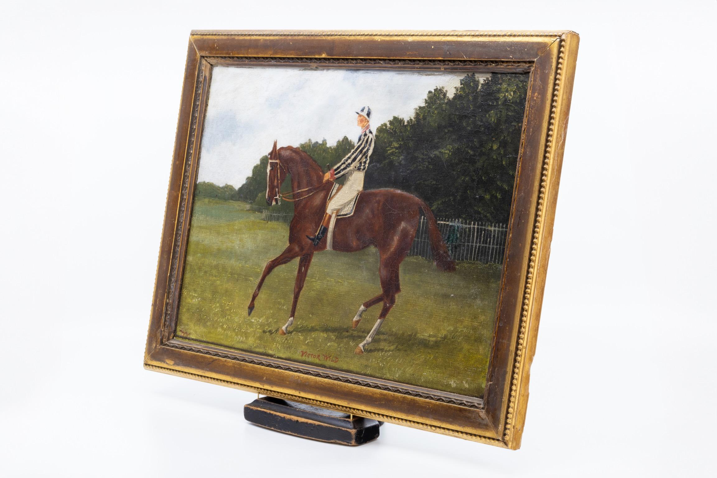 A Small Pair of Early 19th Century English Horse and Jockey Paintings For Sale 4