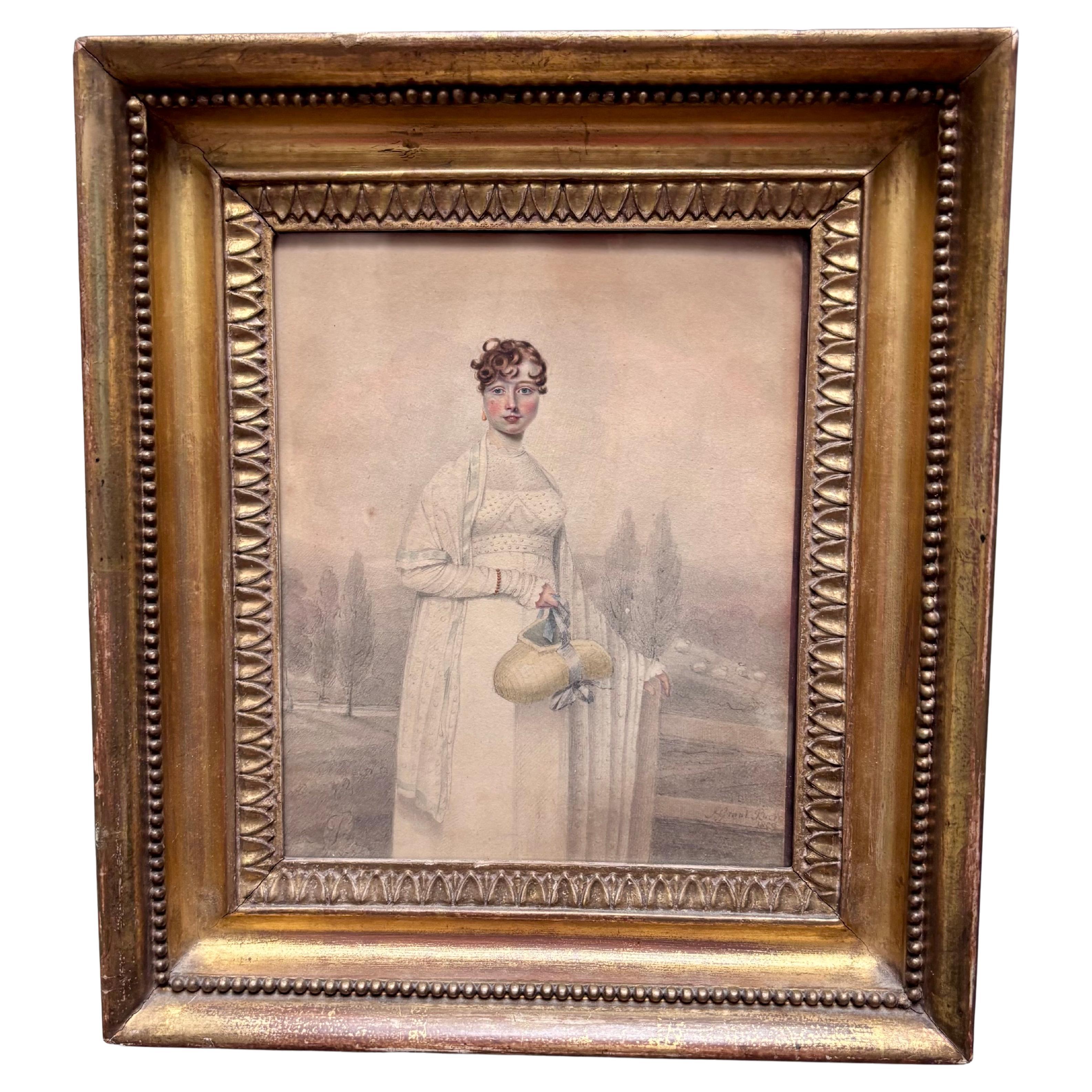 A small Pastel portrait of an English Regency lady Signed J Grant dated 1809