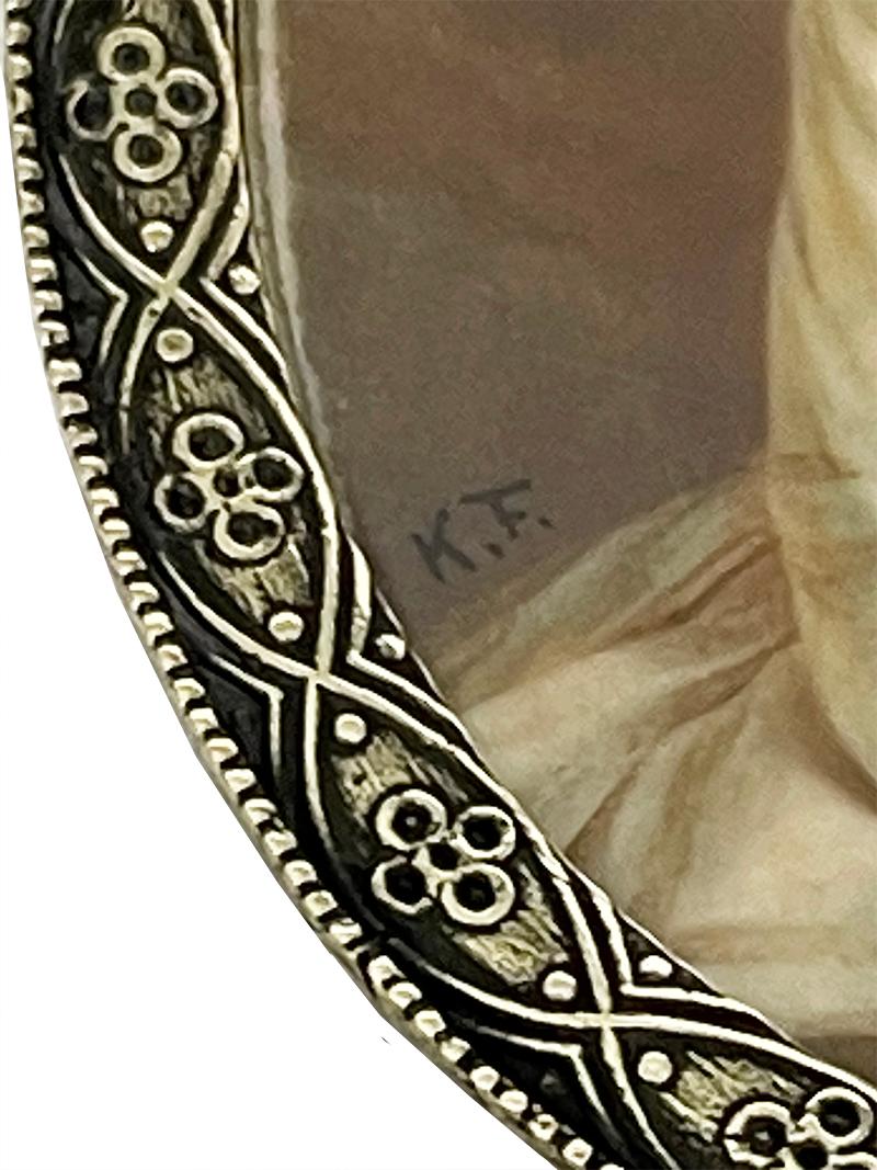 French Small Portrait of a Woman in a Oval Bronze Frame, 19th Century For Sale