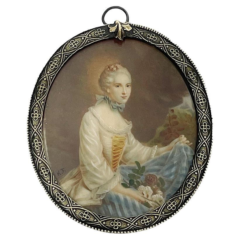 Pequeño retrato de mujer en marco oval de bronce, Siglo XIX