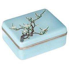 Vintage A small Showa period cloisonné box with a single branch of blossom