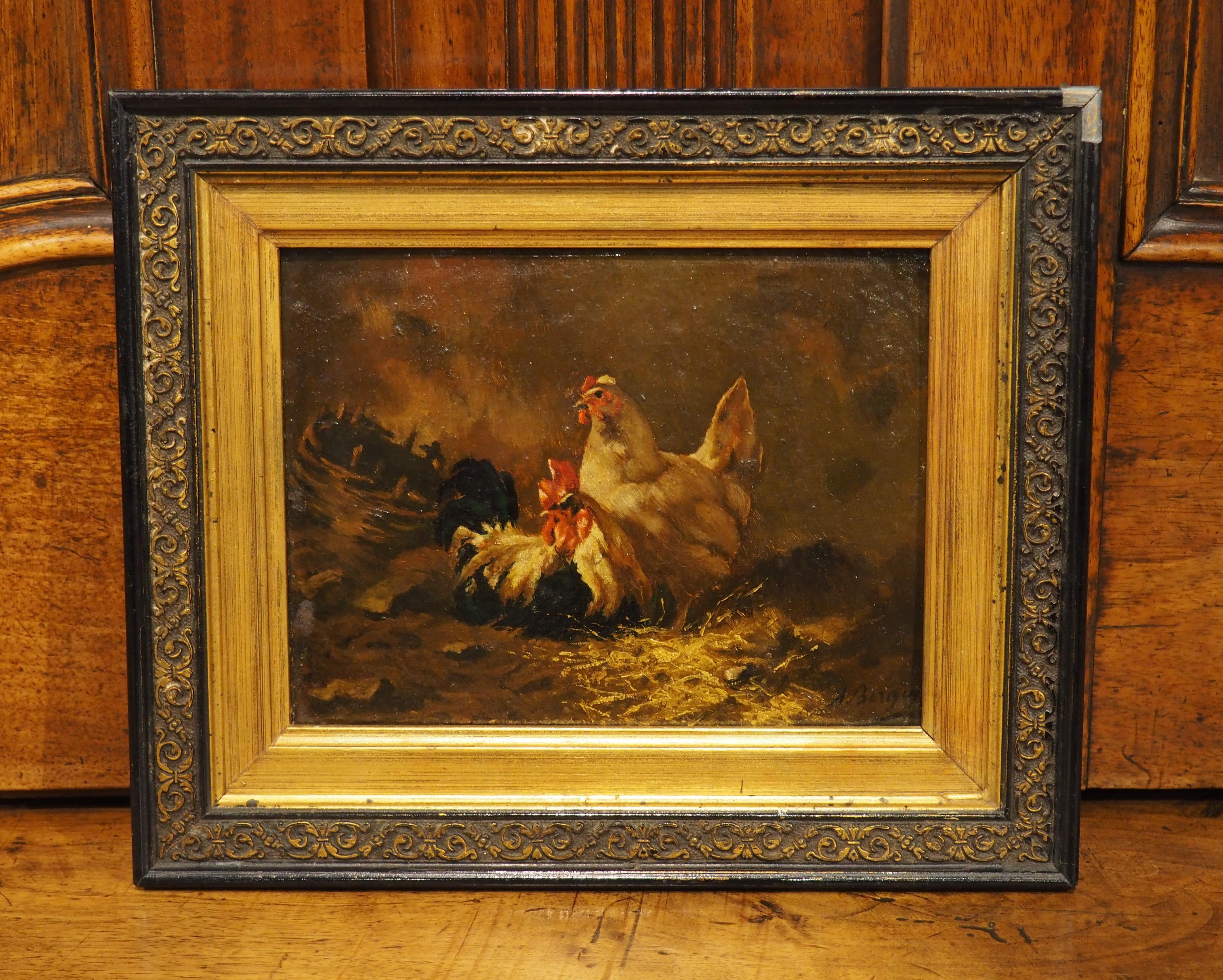 Un piccolo olio su tela francese del XIX secolo, firmato, raffigurante un gallo e una gallina in vendita 5