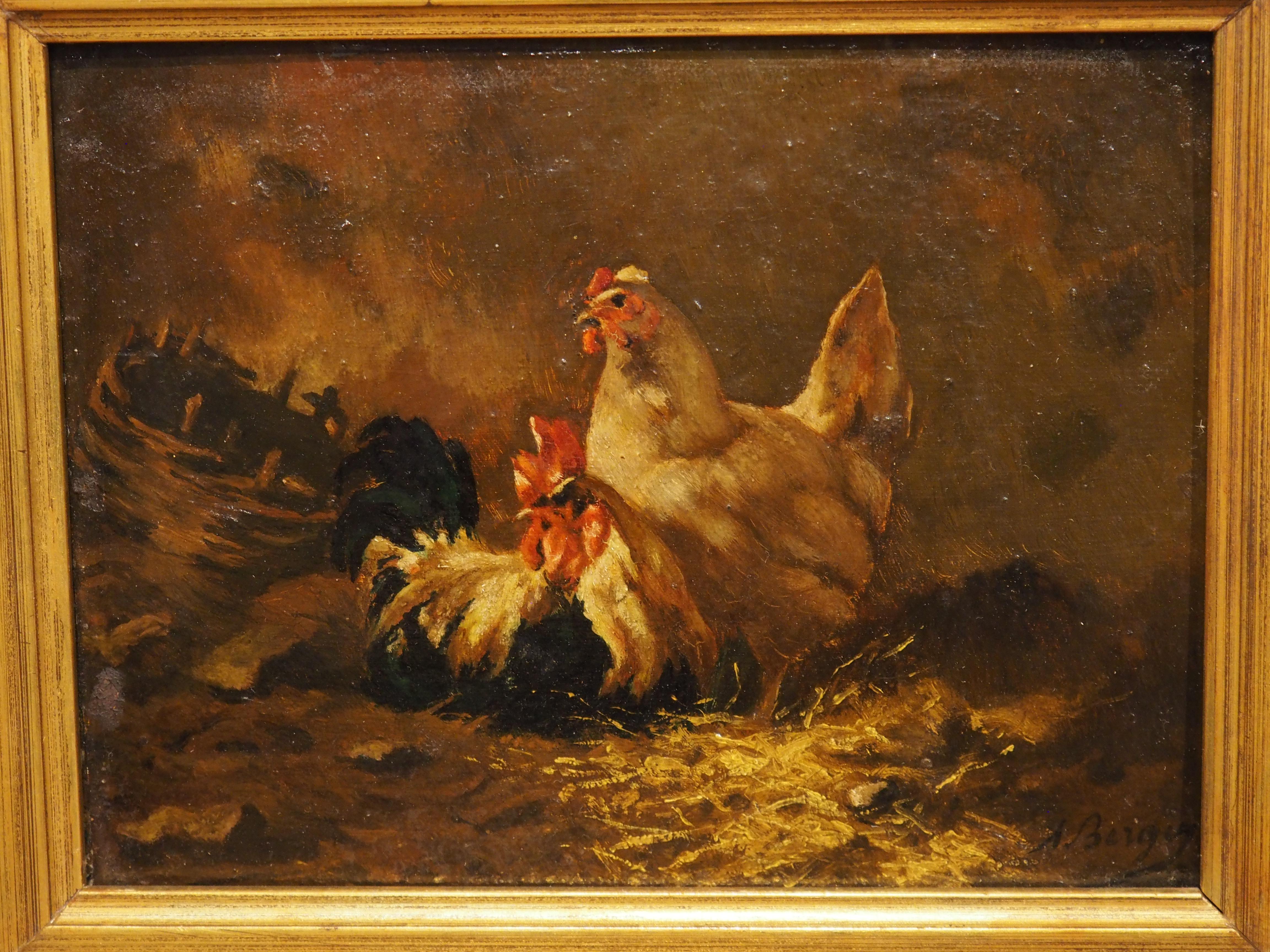 Ulteriori informazioni in arrivo...

Questo piccolo dipinto a olio su tela francese del 1800 raffigura un gallo vivace e una gallina meno vivace.  Firmato 