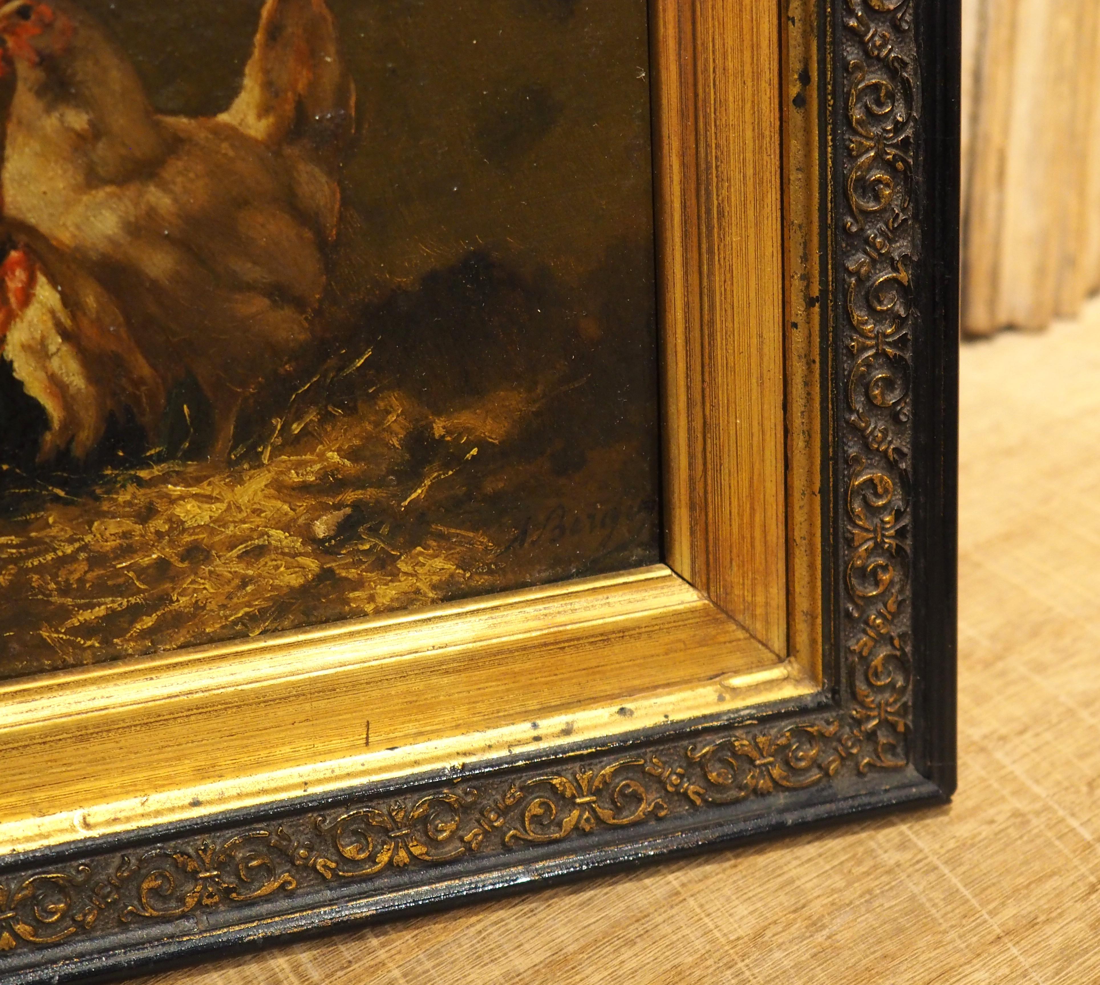 Tela Un piccolo olio su tela francese del XIX secolo, firmato, raffigurante un gallo e una gallina in vendita