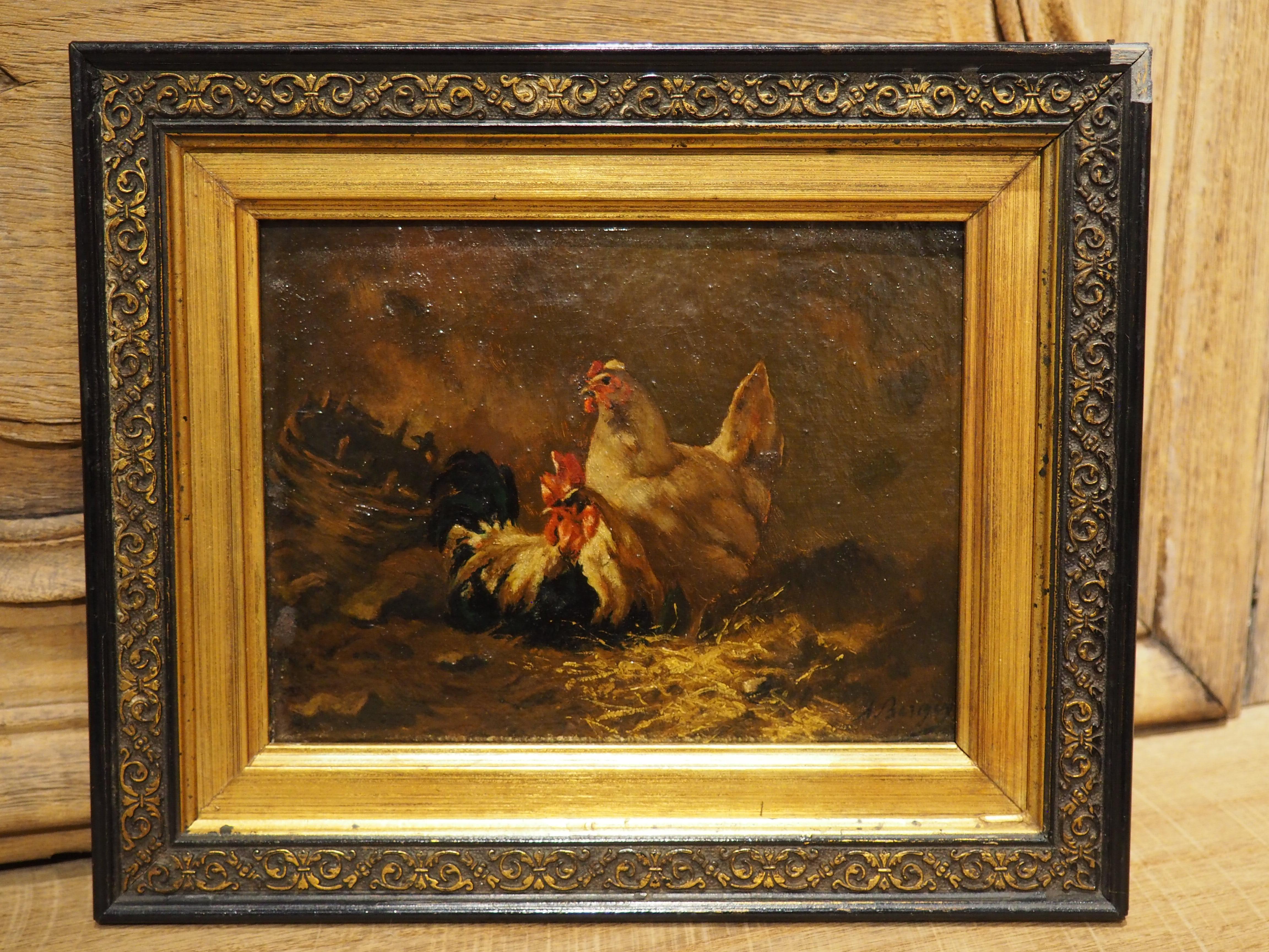 Un piccolo olio su tela francese del XIX secolo, firmato, raffigurante un gallo e una gallina in vendita 3