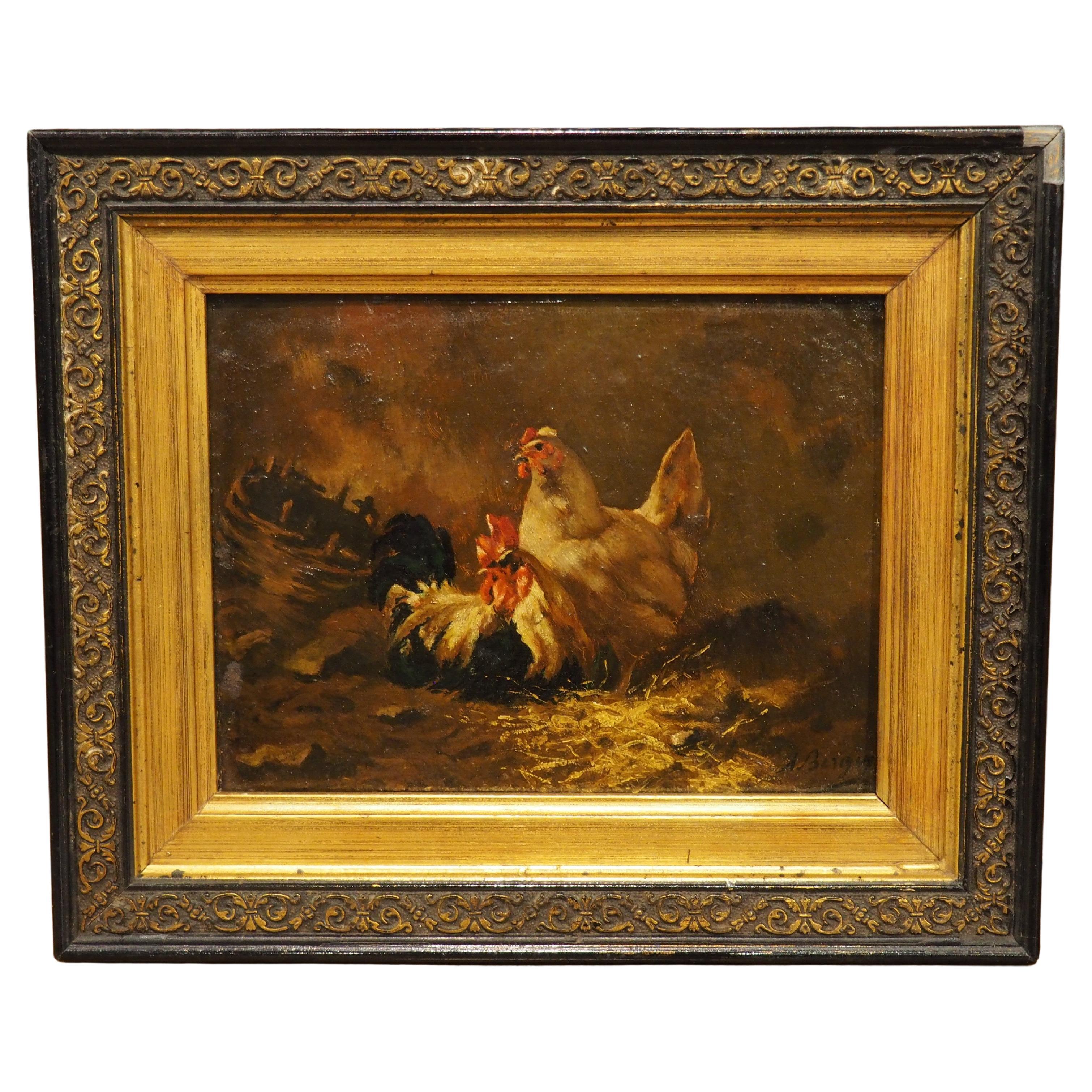 Un piccolo olio su tela francese del XIX secolo, firmato, raffigurante un gallo e una gallina in vendita