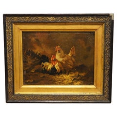 A Small Signed 19th Century French Oil on Canvas Painting of a Rooster and Hen