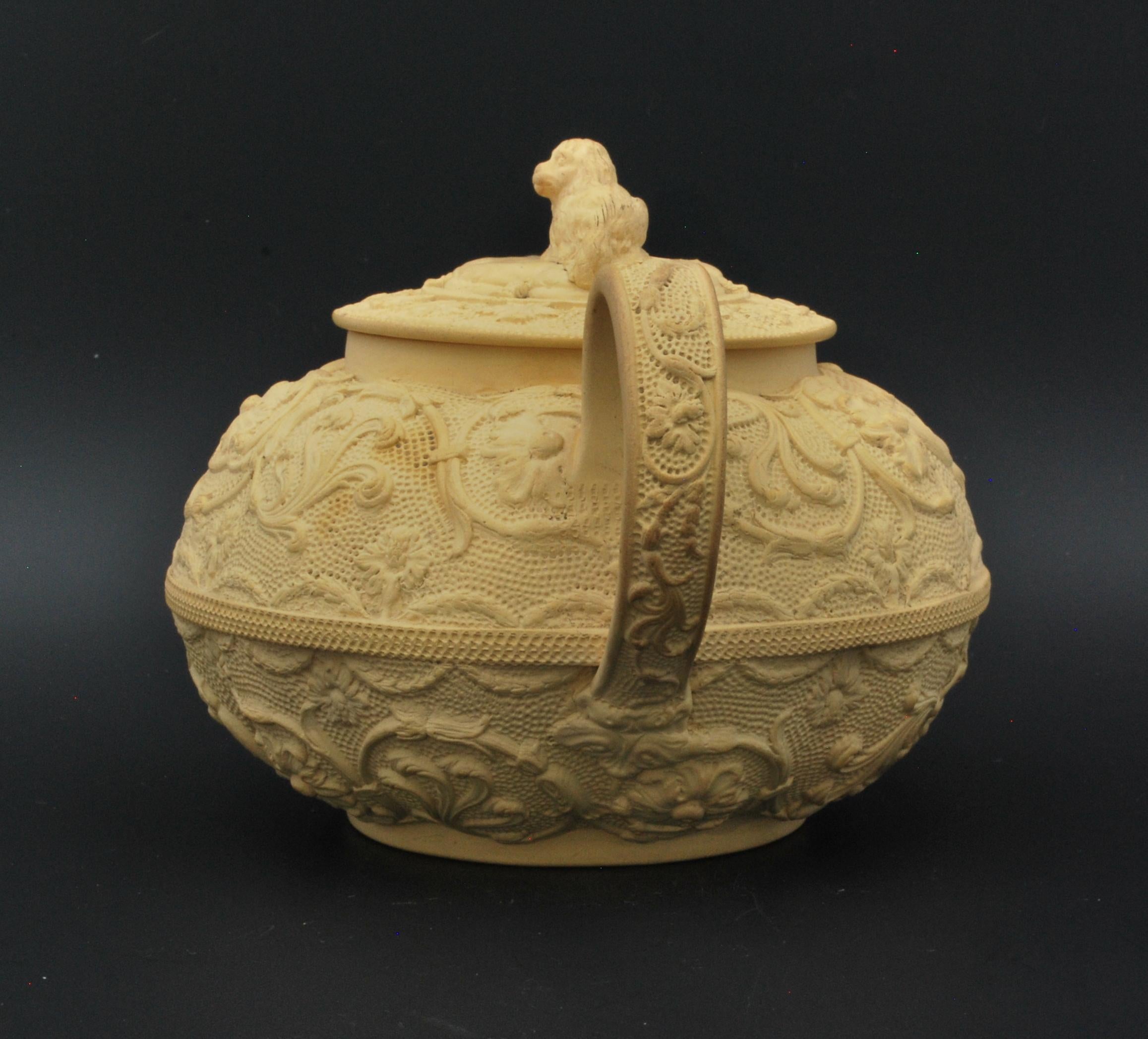 Molded Small Teapot in Caneware with Spaniel Finial. Wedgwood, circa 1820 For Sale