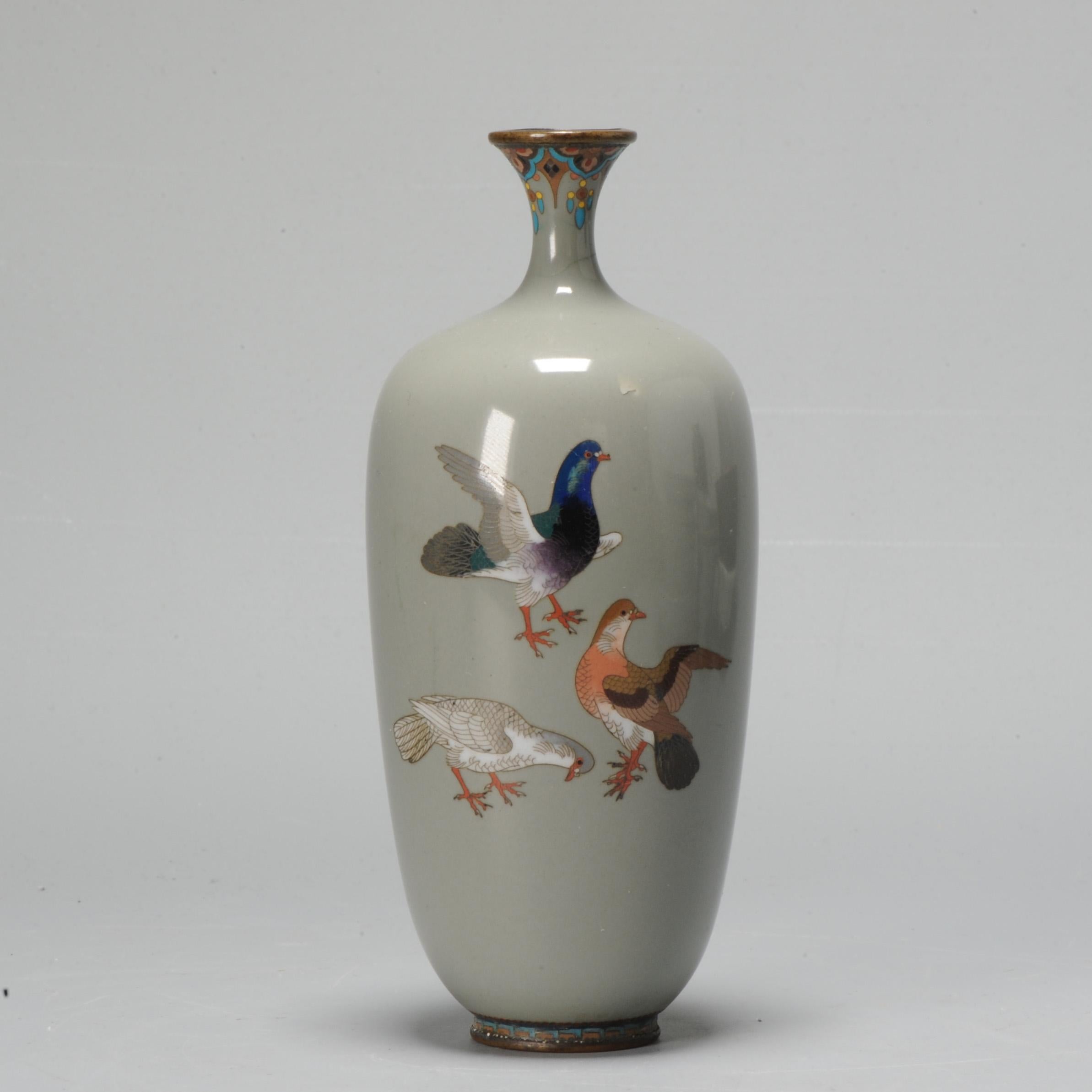 Top quality small vase from the Meiji period. With a nice scene of birds (Doves/Pigeons)

Meiji era (1868-1912), 19th century

Interesting article about Japanese Cloisonne can be found here.


Condition
Some usage signs/ware (all damages