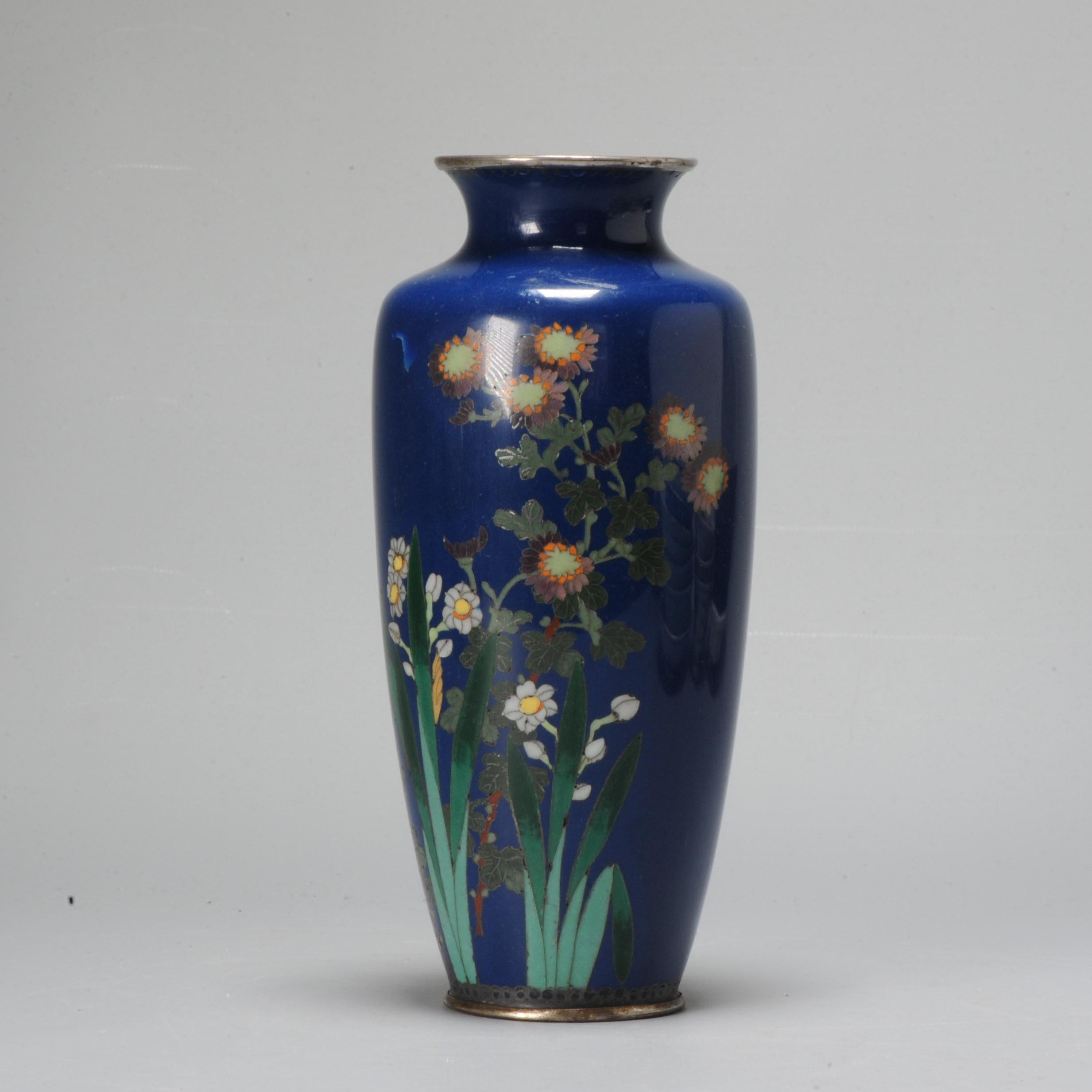 19th Century Small Vase with Flowers on Blue Cloisonné Enamel Meiji Era '1868-1912' For Sale