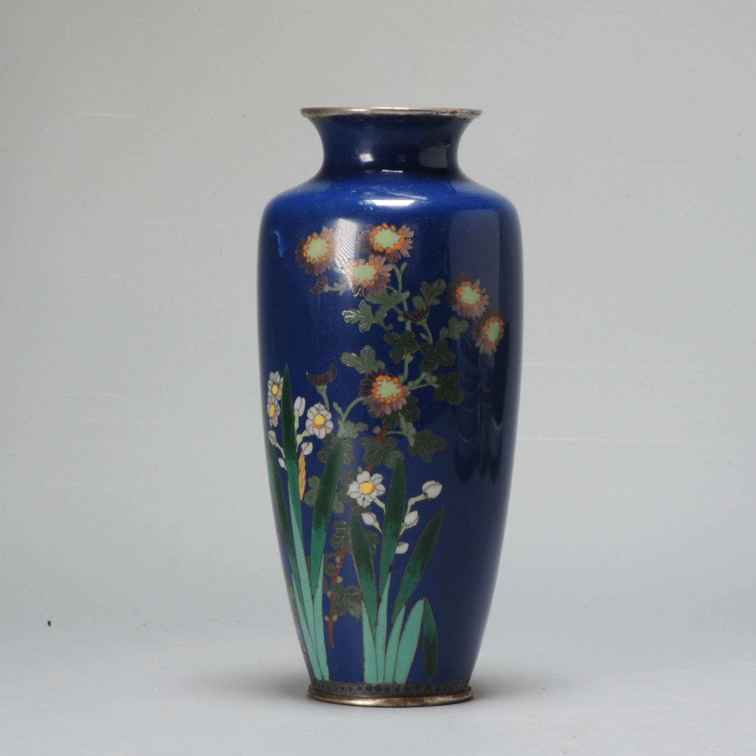 Porcelain Small Vase with Flowers on Blue Cloisonné Enamel Meiji Era '1868-1912' For Sale
