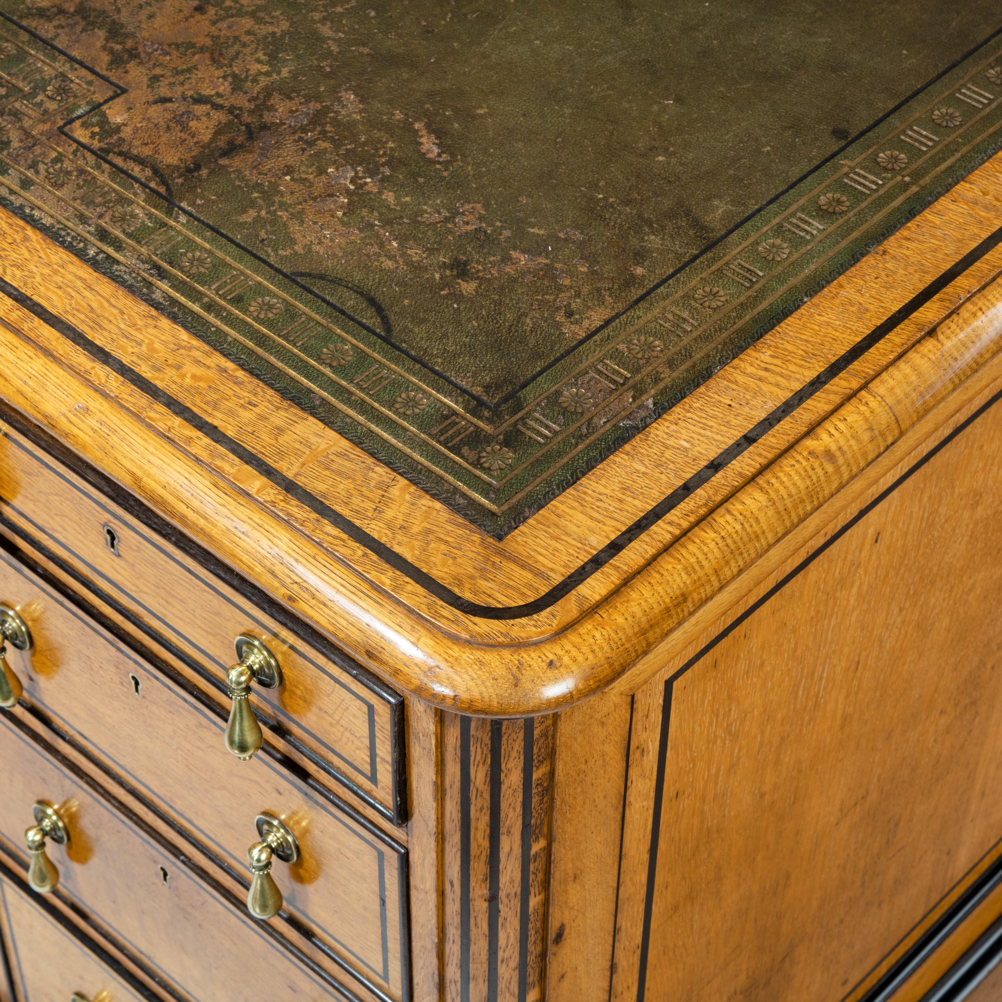 English Small Victorian Oak and Ebony Partner’s Desk, Attributed to Holland and Sons For Sale