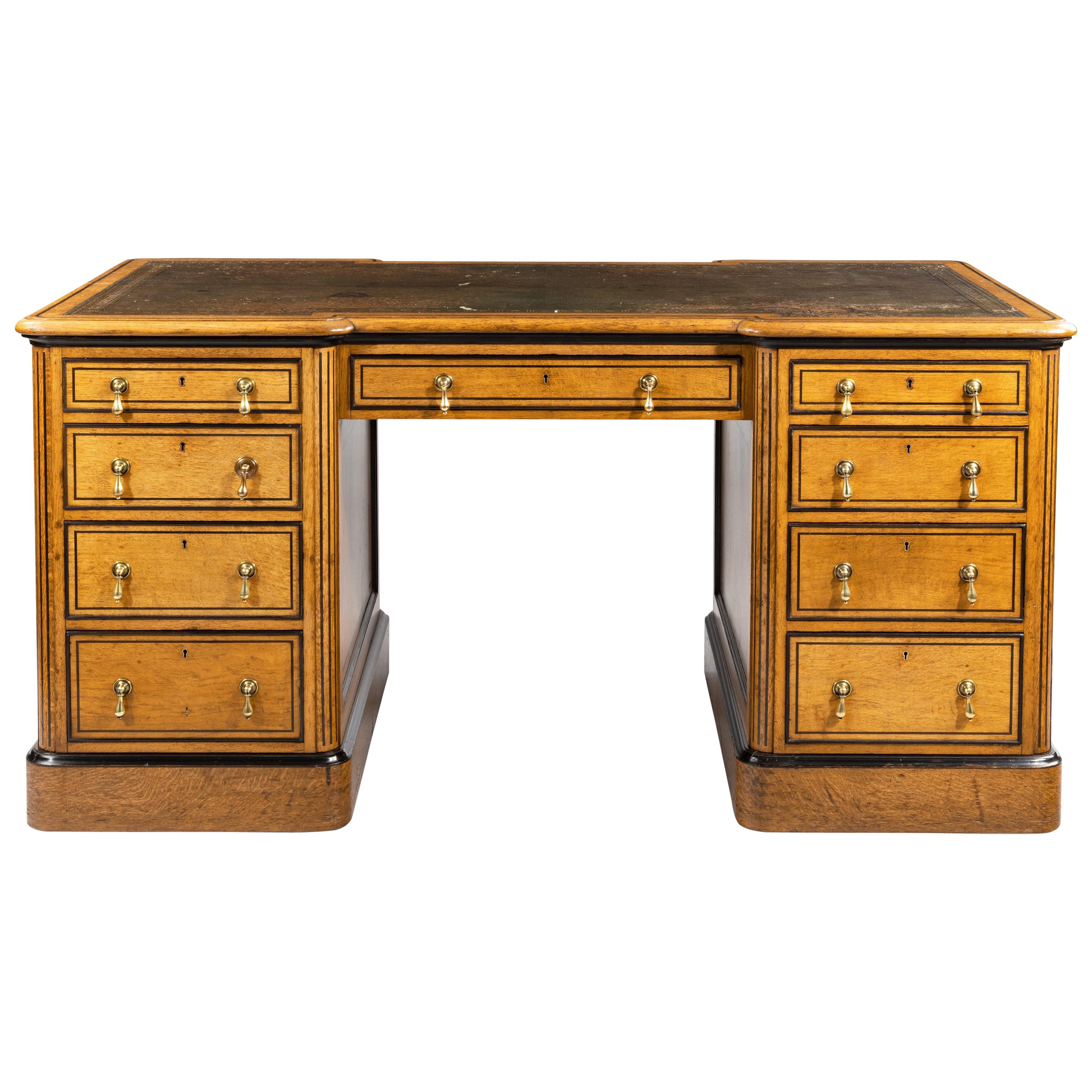 Small Victorian Oak and Ebony Partner’s Desk, Attributed to Holland and Sons For Sale