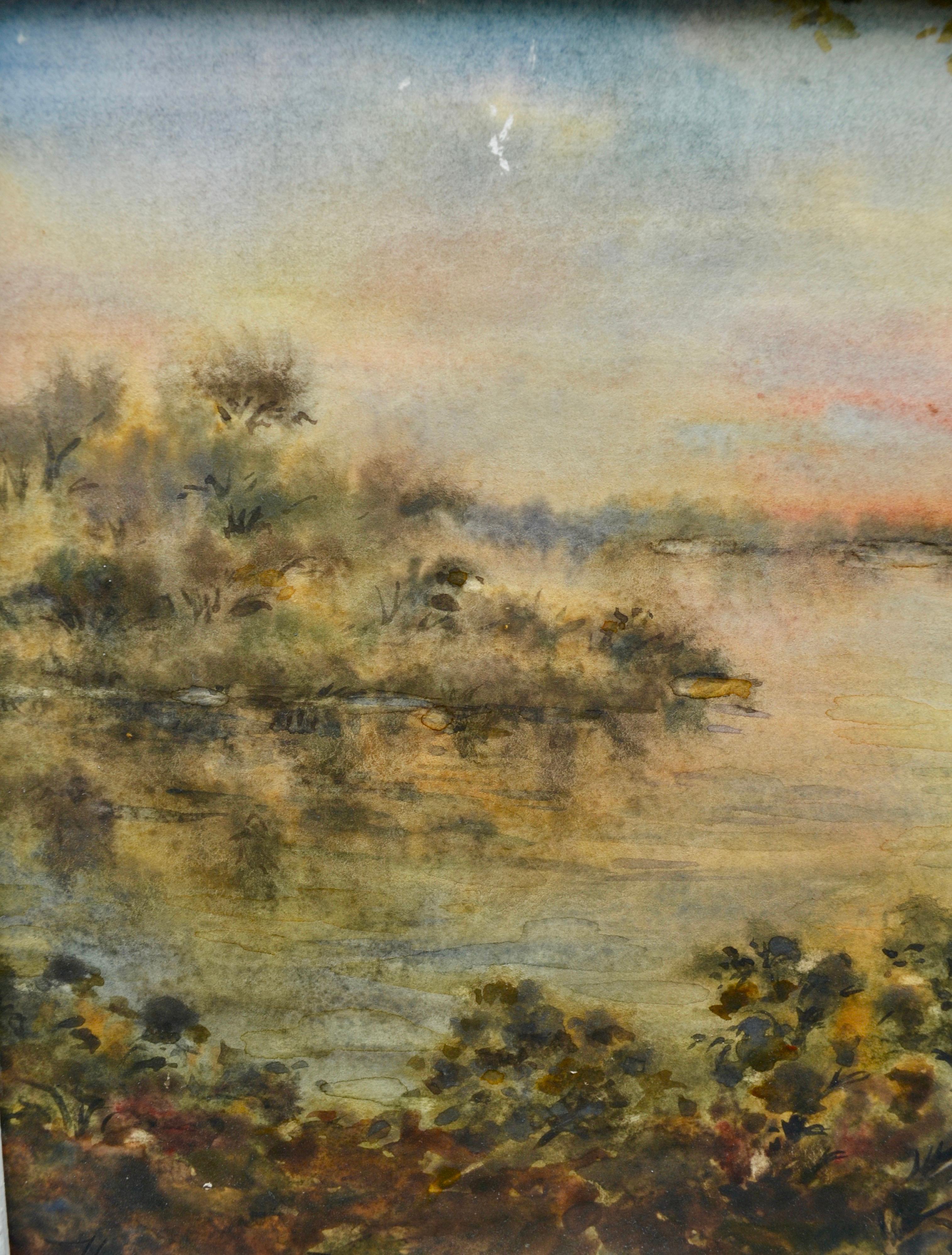 A beautifully executed impressionist watercolor on cardboard titled sunrise at a suburb of Leningrad ( St Petersburg now) signed and dated 1989 by Russian artist Nadezhda Fedorovna Stepanova Senichkina. This information is inscribed in a handwritten