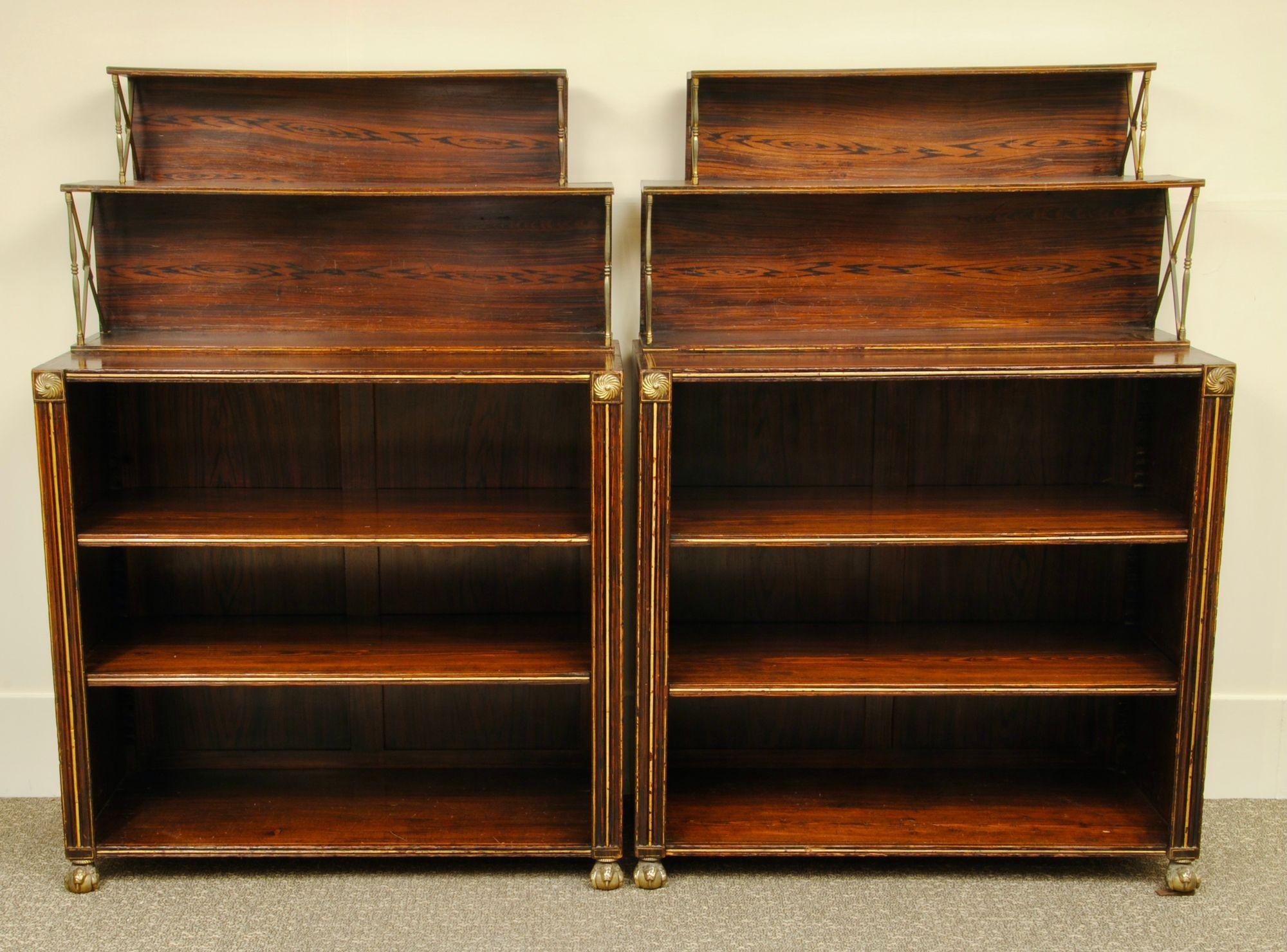 European Smart Pair of Regency Simulated Rosewood Open Bookcases For Sale