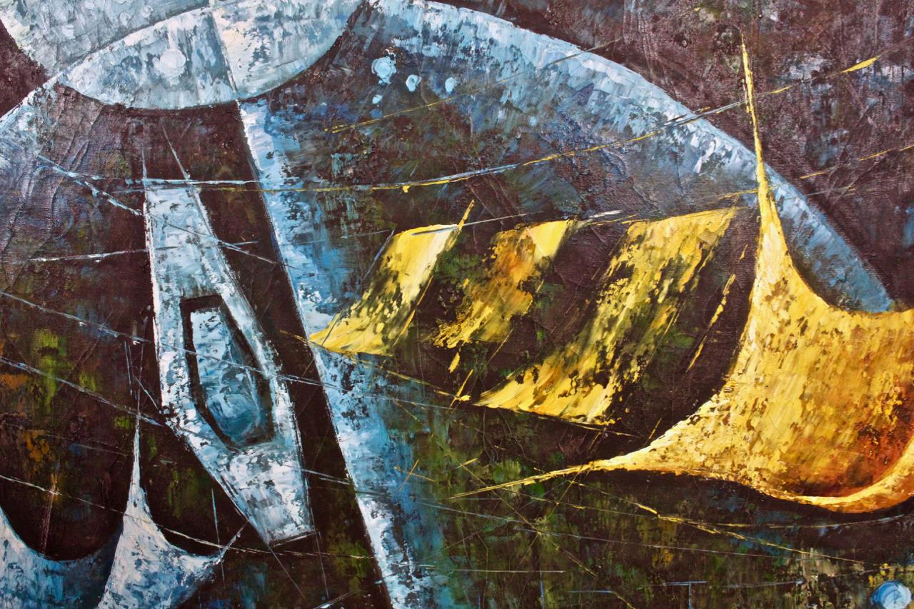 Abstraktes Sci Fi-Gemälde in Hellblau und Gelb von A. Smith, um 1960 im Zustand „Gut“ im Angebot in Bainbridge, NY