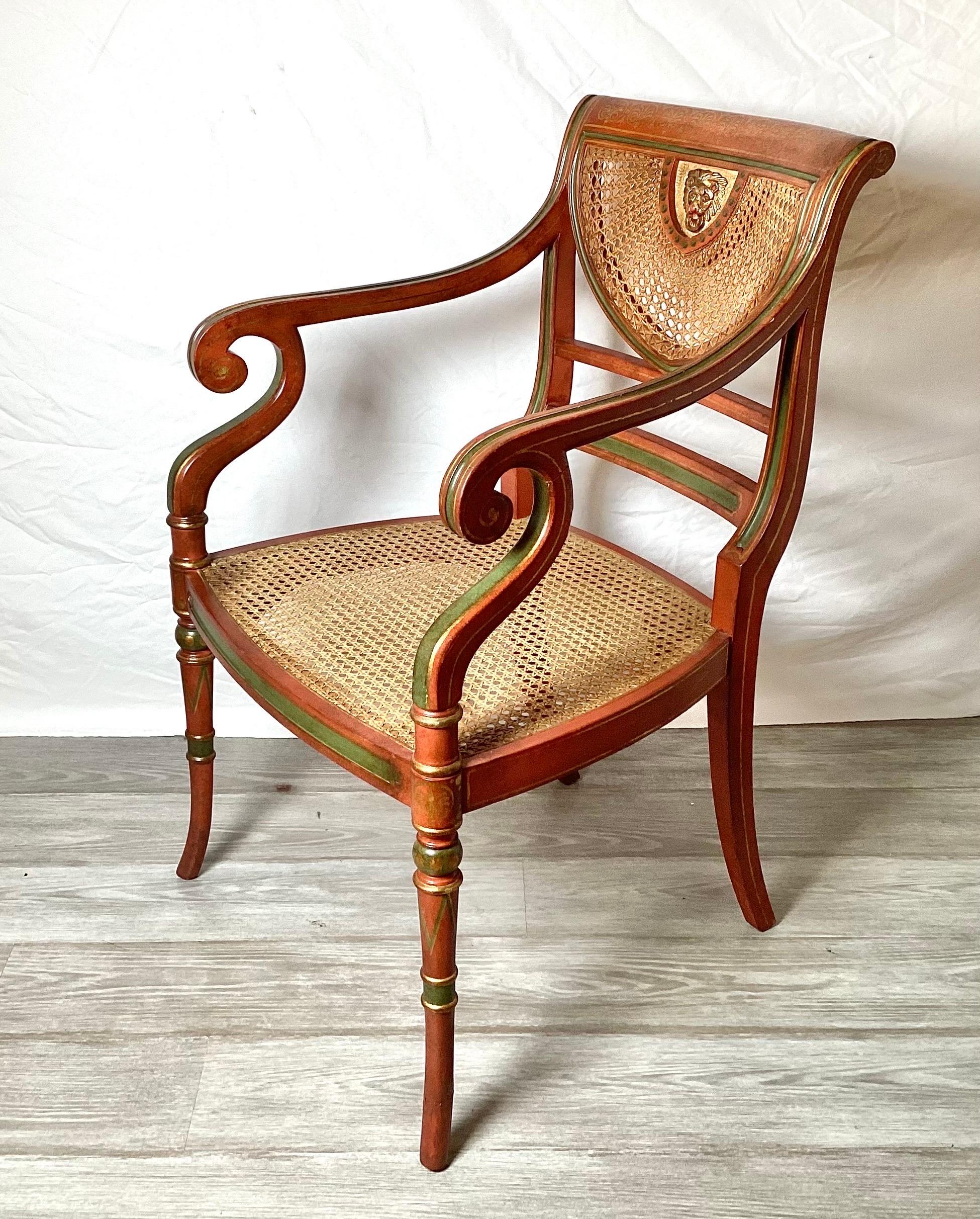 Hand-Painted Smith and Watson Hand Painted Regency Arm Chair with Caned Seat For Sale