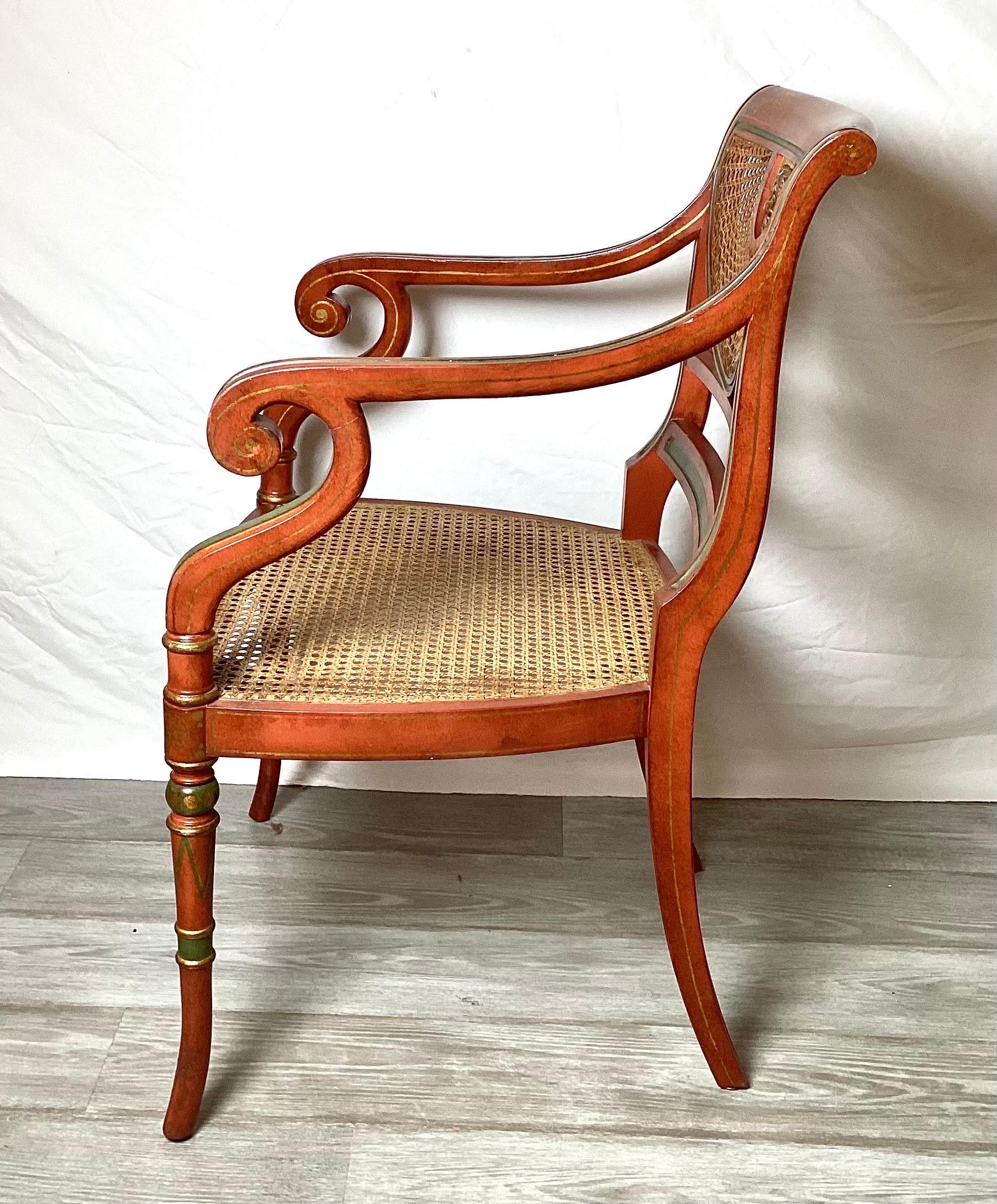 Smith and Watson Hand Painted Regency Arm Chair with Caned Seat In Good Condition For Sale In Lambertville, NJ