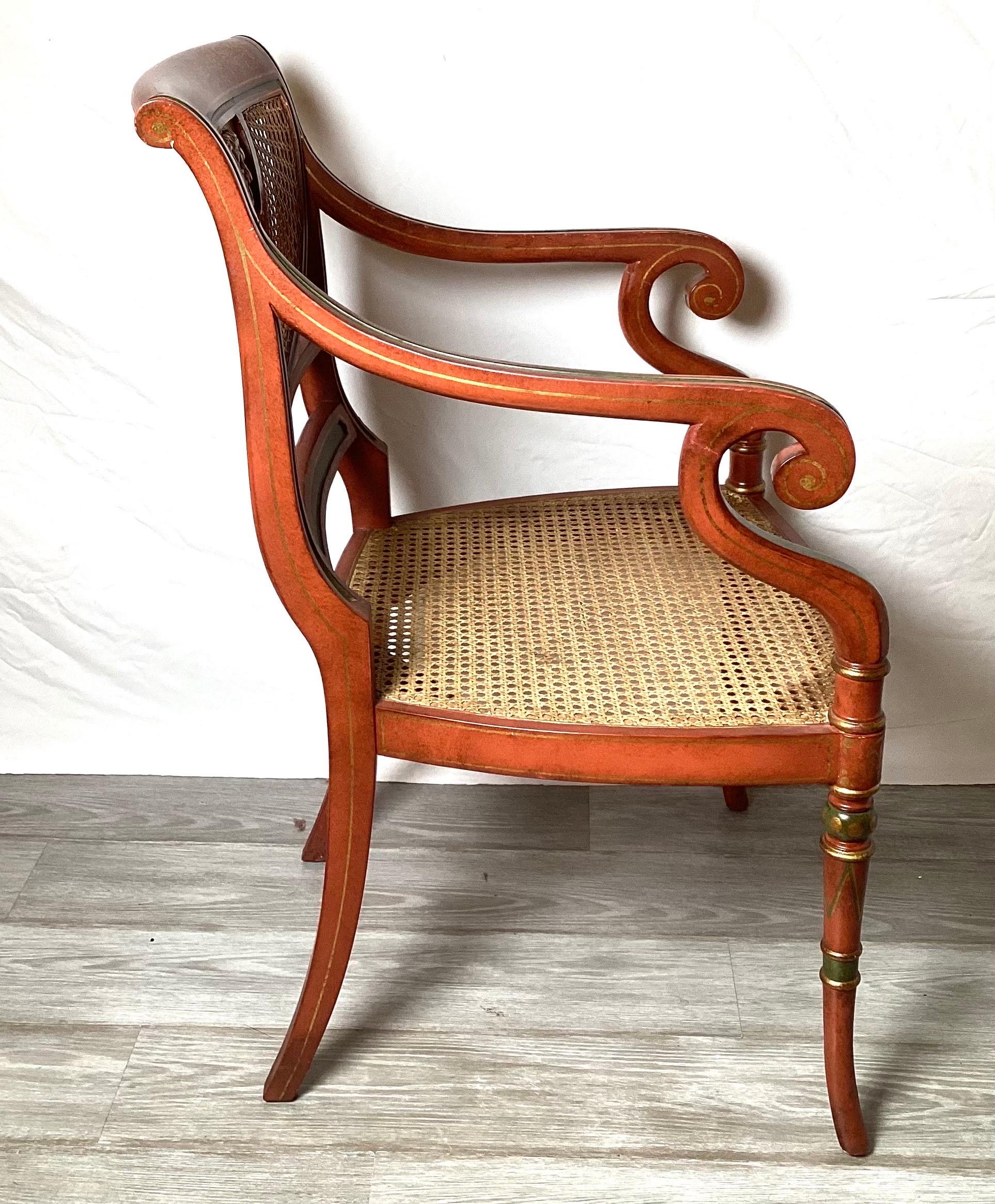 Fruitwood Smith and Watson Hand Painted Regency Arm Chair with Caned Seat For Sale