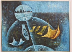 Abstract Science Fiction Oil Painting, Blue & Yellow, Signed, 1960
