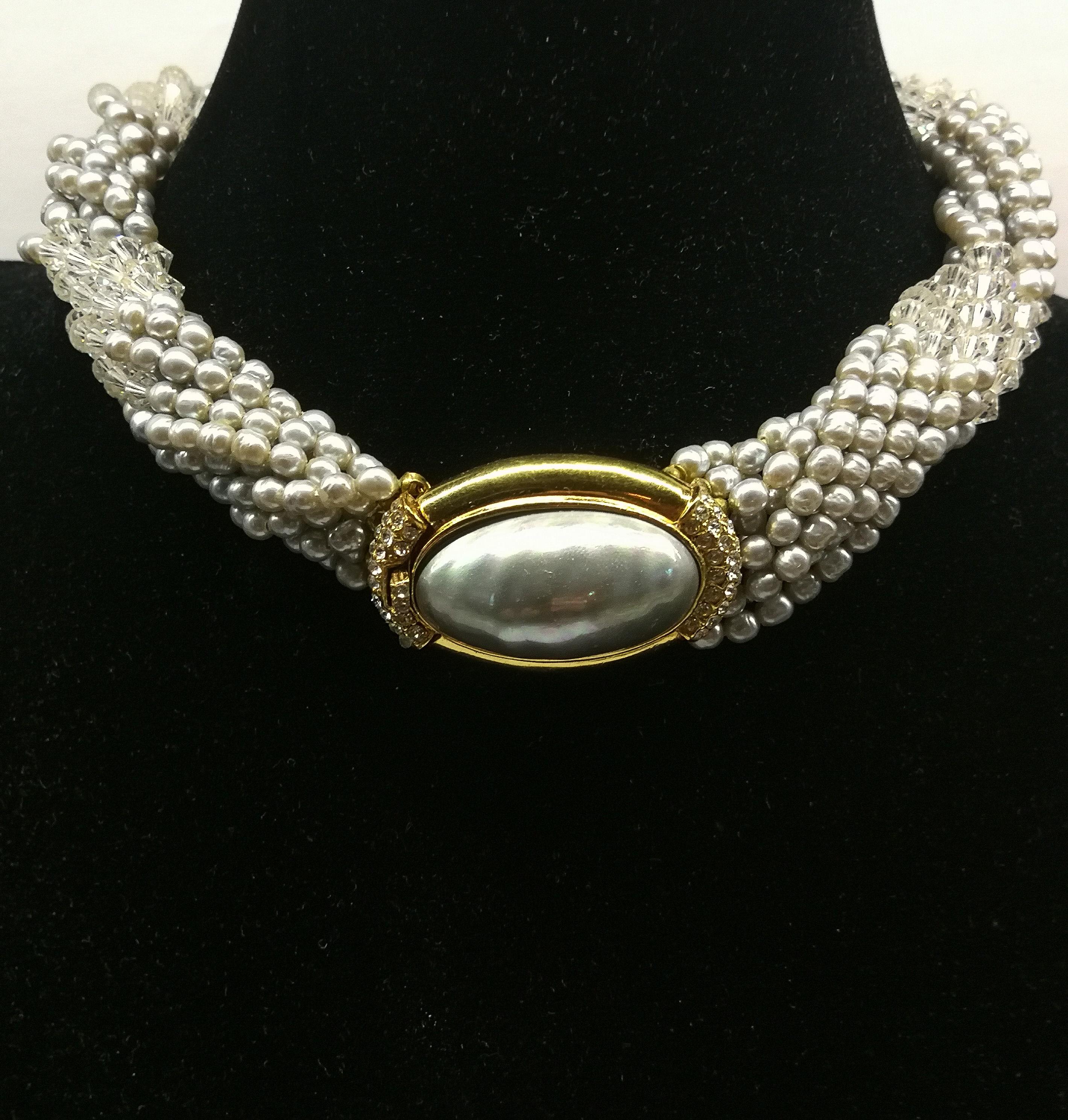 A soft grey baroque pearl and clear crystal 'twist' necklace, Ciner, USA, 1980s In Excellent Condition For Sale In Greyabbey, County Down