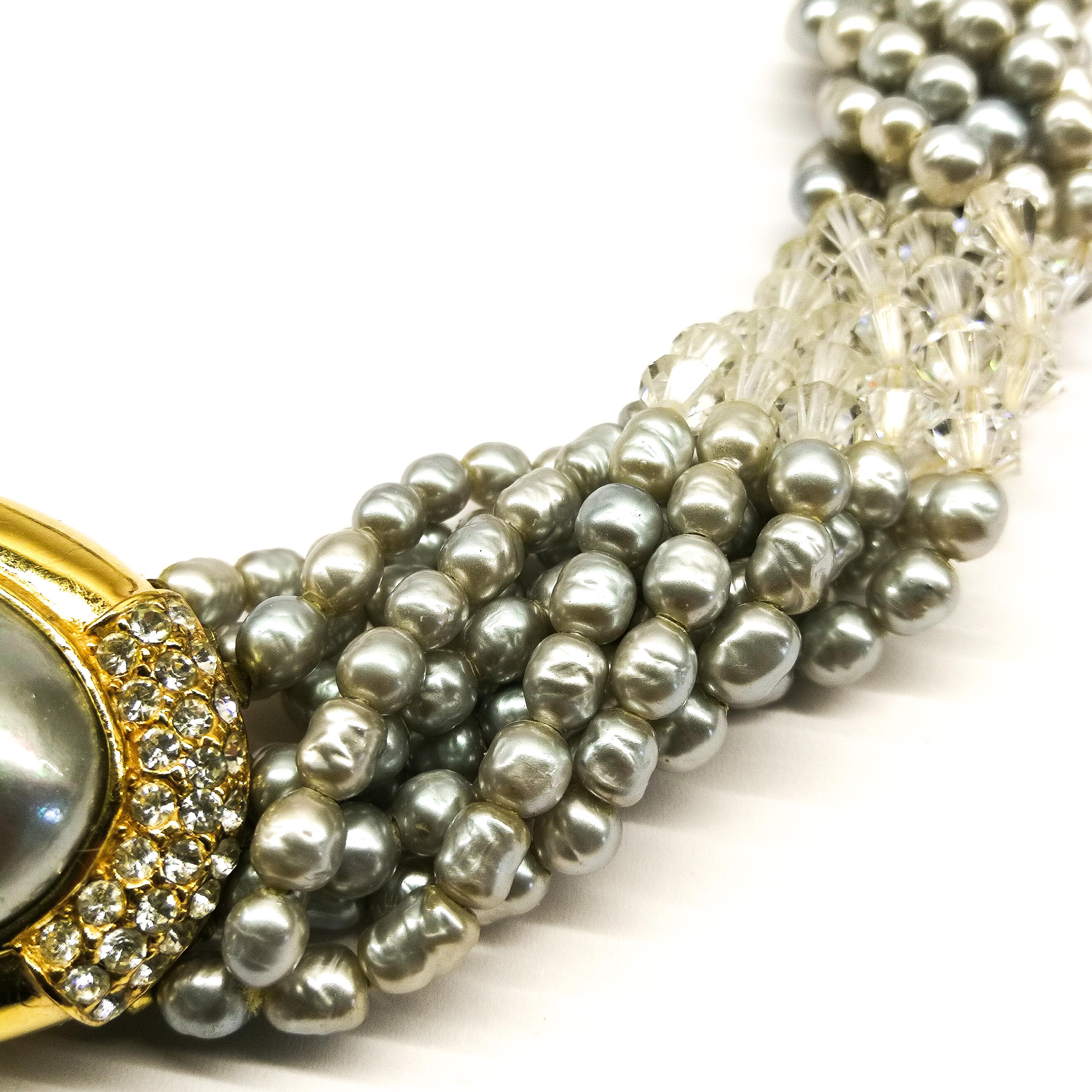 Women's A soft grey baroque pearl and clear crystal 'twist' necklace, Ciner, USA, 1980s For Sale