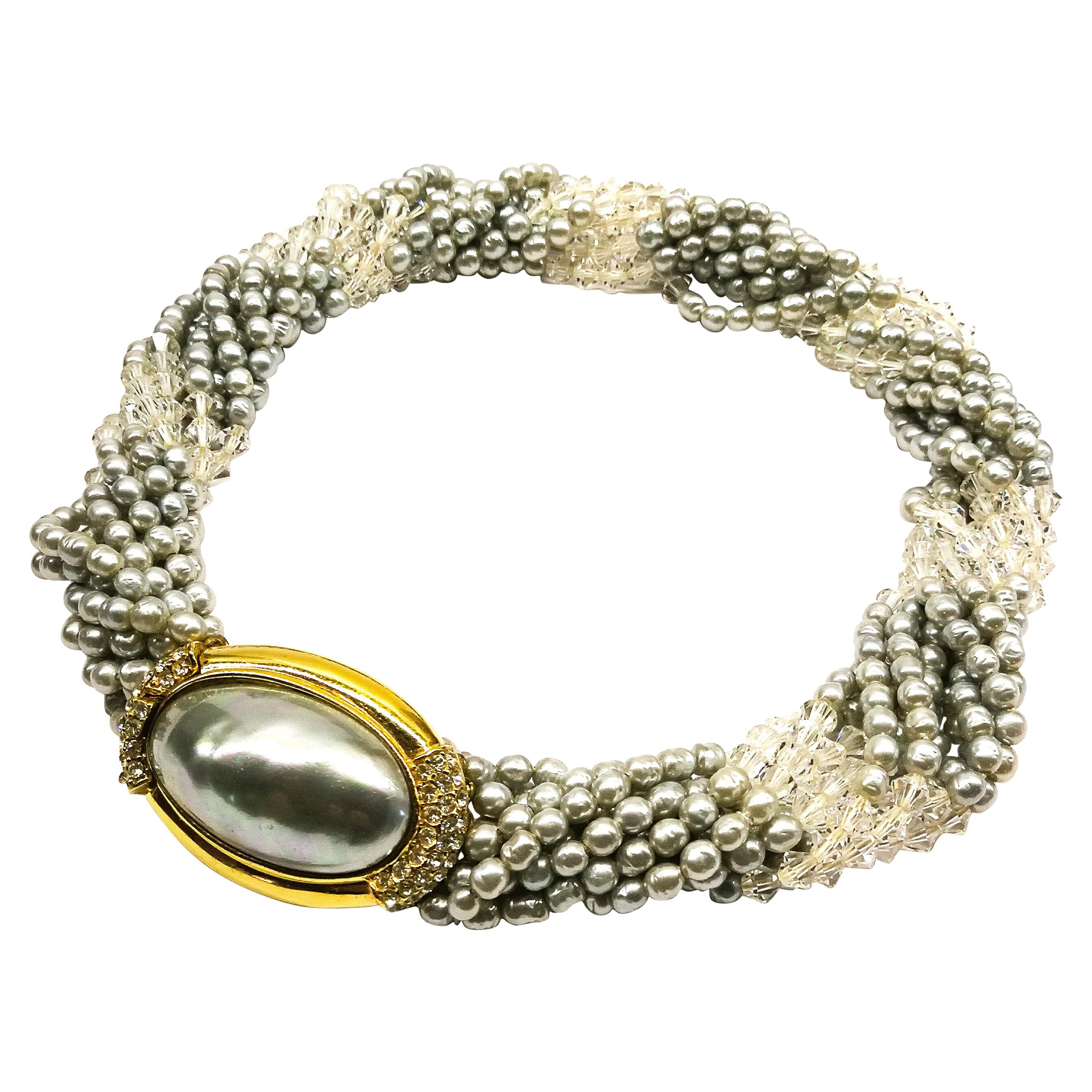Collier Ciner en perles baroques grises douces et cristaux transparents, années 1980 en vente