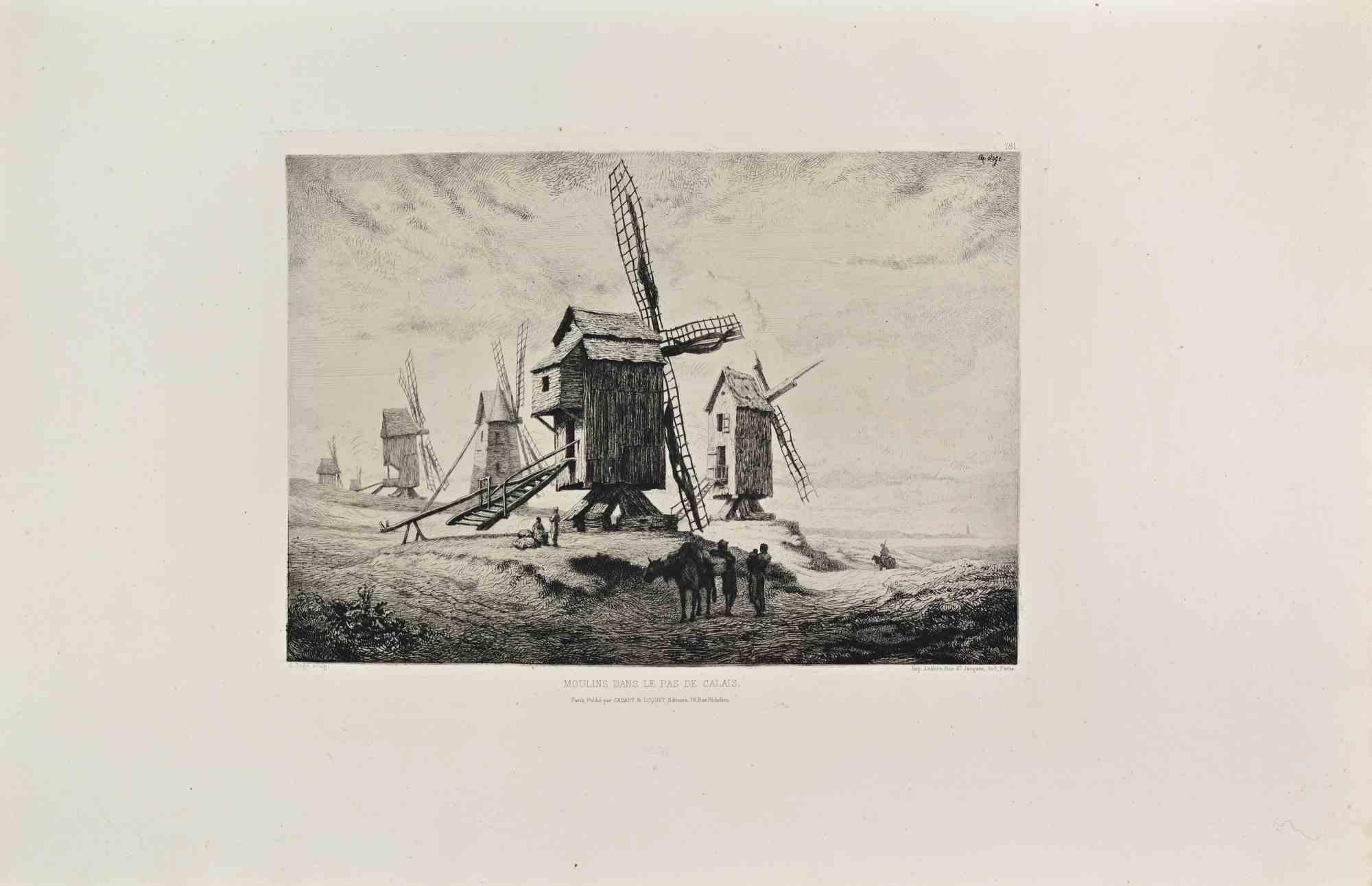 Moulins dans le pas de Calais is a black and White etching realized by A. Sogé in the 1860s. 

Titled in the lower.

Image size: 23x31.

Very good impression with wide margins and a very fresh inking.

Realized for the "Société des Aquafortistes.