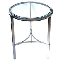 Table d'appoint circulaire en acier chromé massif avec plateau en verre