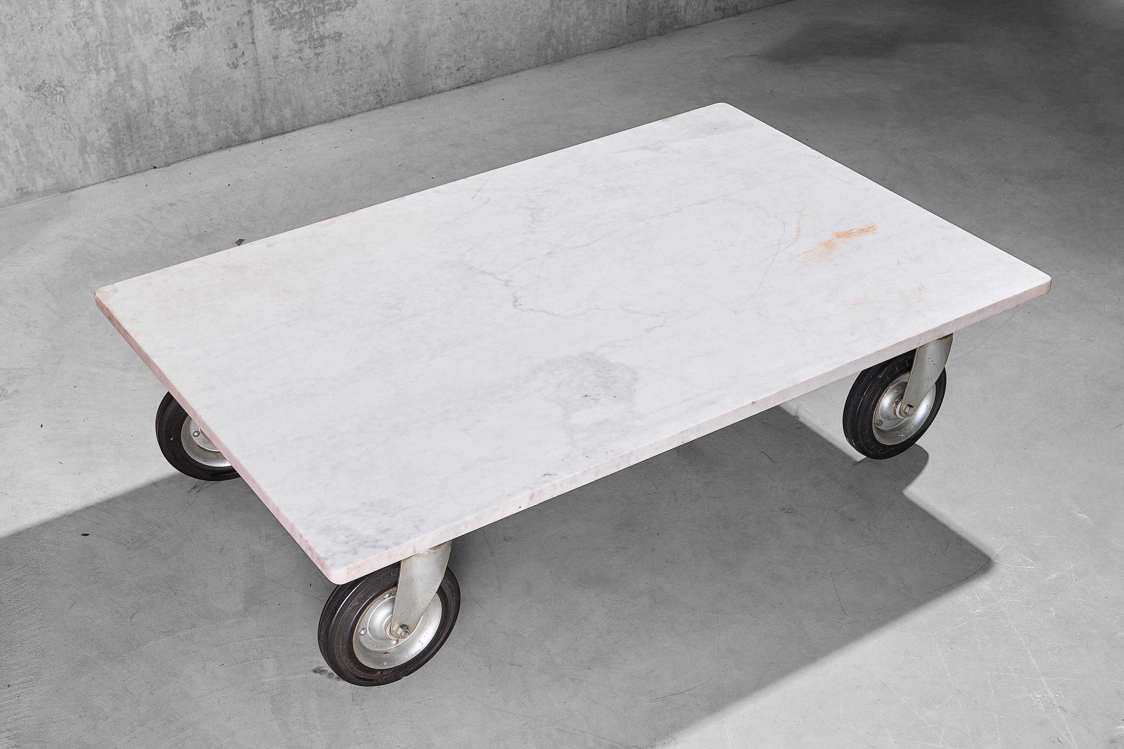 Steel A Solid Industrial Coffee Table With Carrara Marble Top  For Sale