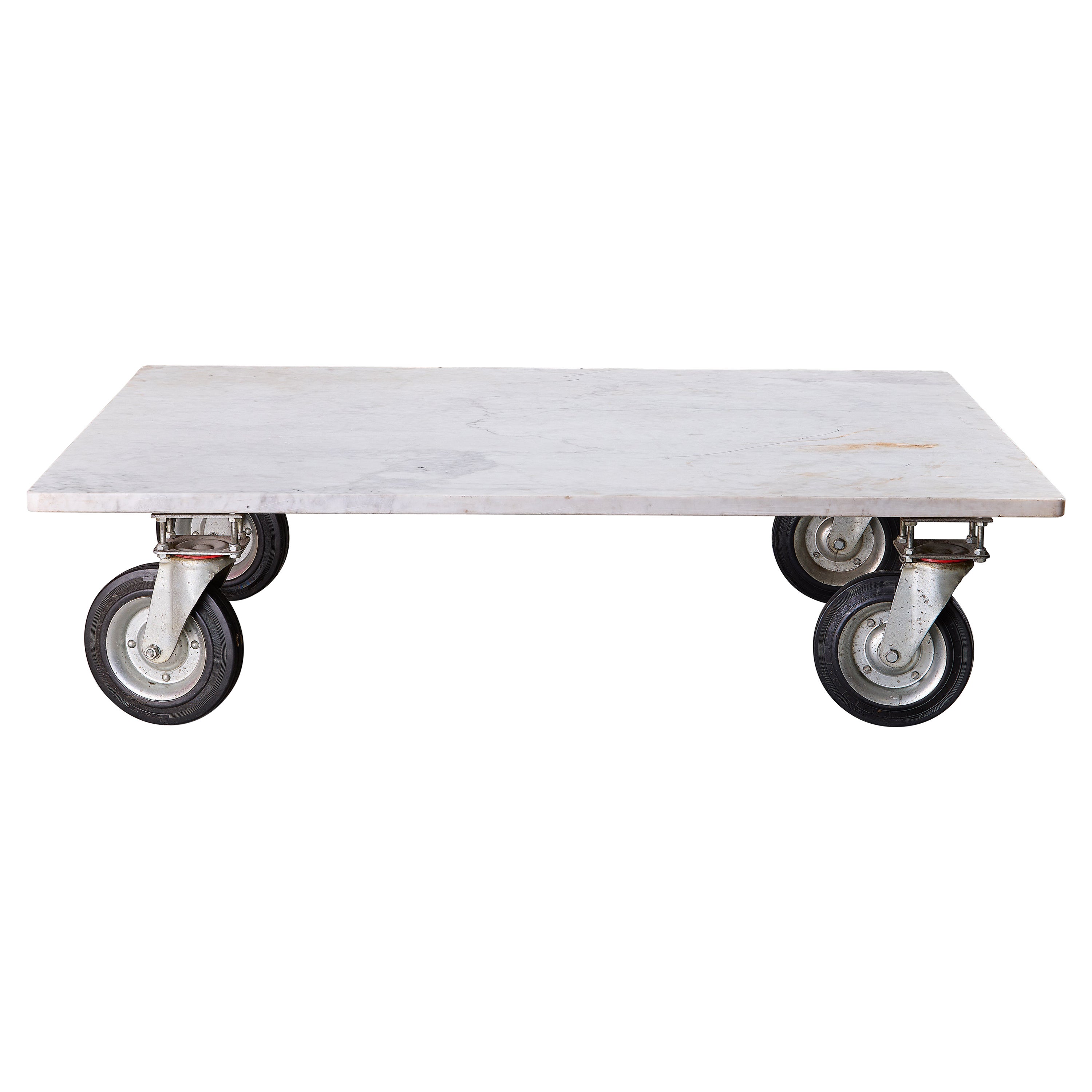 A Solid Industrial Coffee Table With Carrara Marble Top For Sale