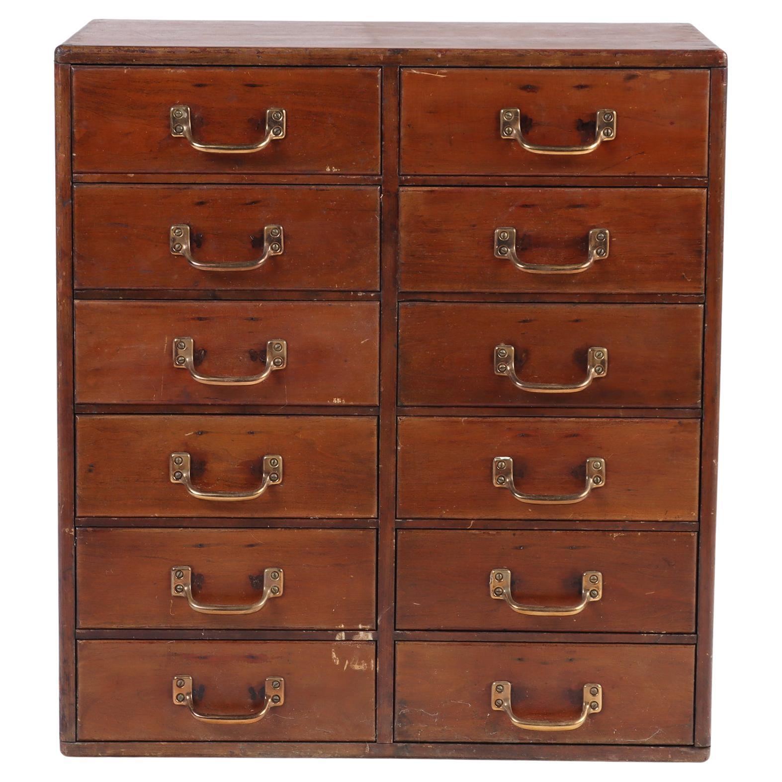 Solid Mahogany Twelve Drawers Chest with Brass Pulls, circa 1960 For Sale