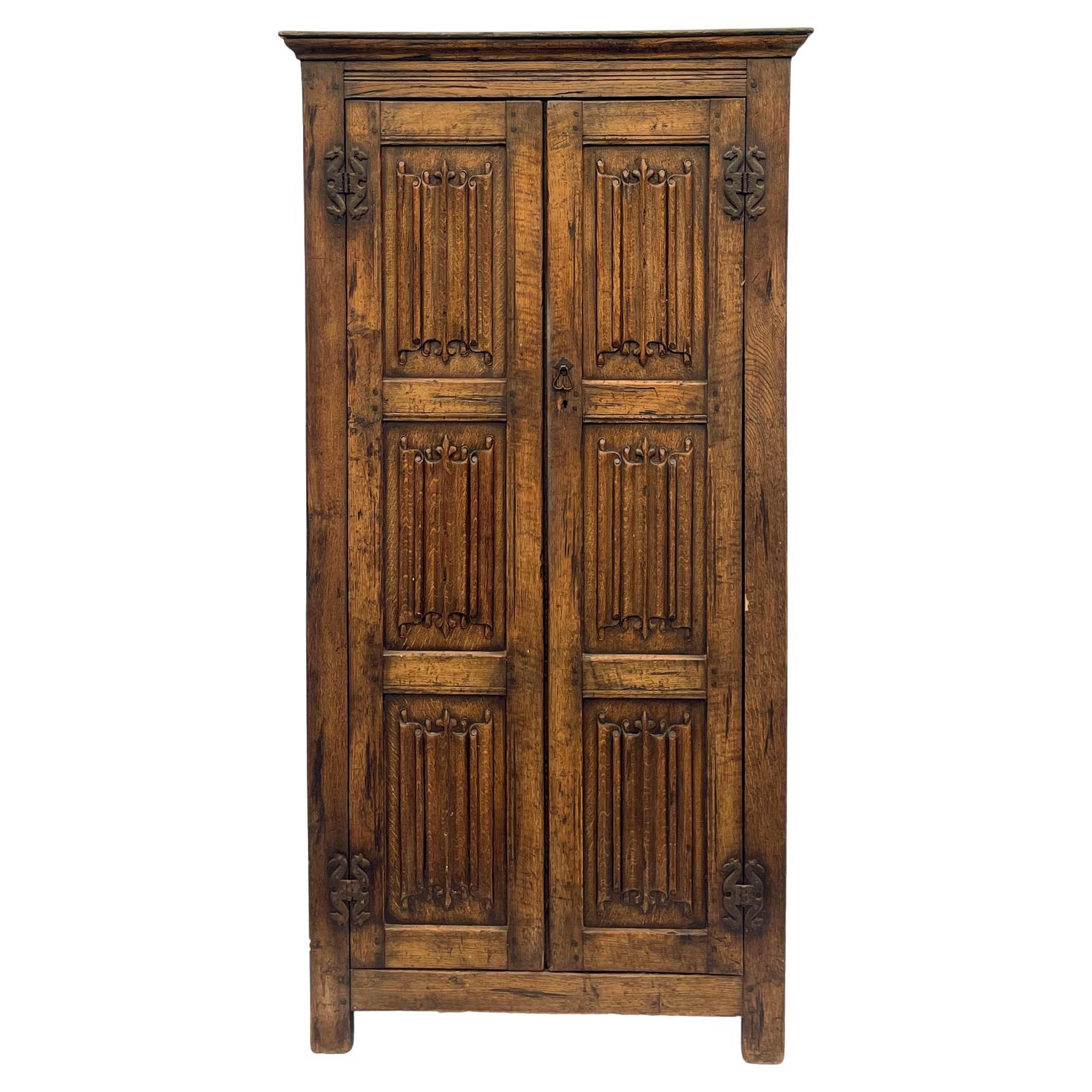 Solid Oak Wardrobe with Hand Carved Linenfold Panels, English, circa 1900