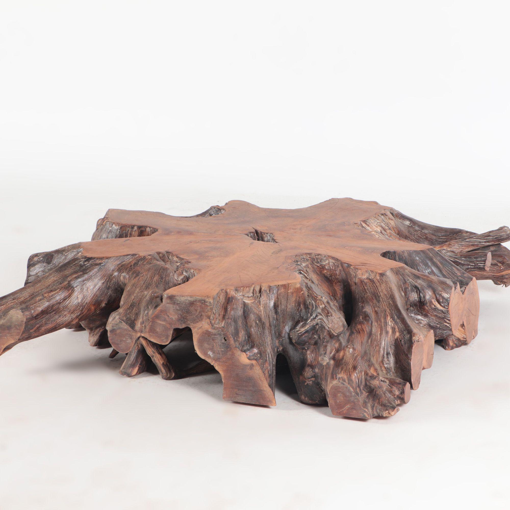 Solid Tree Slab Root coffee table - burnt wood finish. Teak Tree Root. With burnt wood and waxed finish.