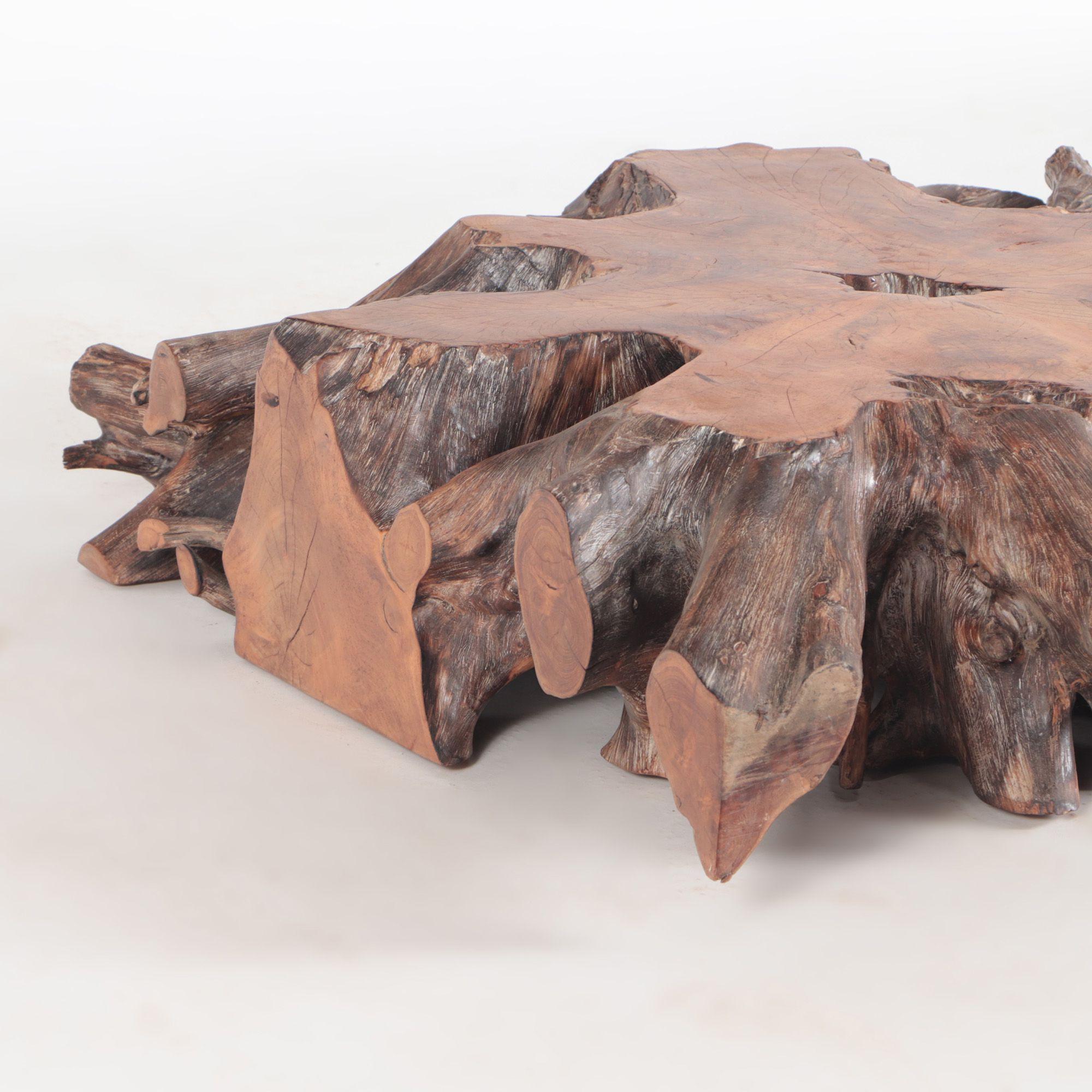 Solid Tree Slab Root Coffee Table, Burnt Wood Finish, Contemporary In Good Condition In Philadelphia, PA