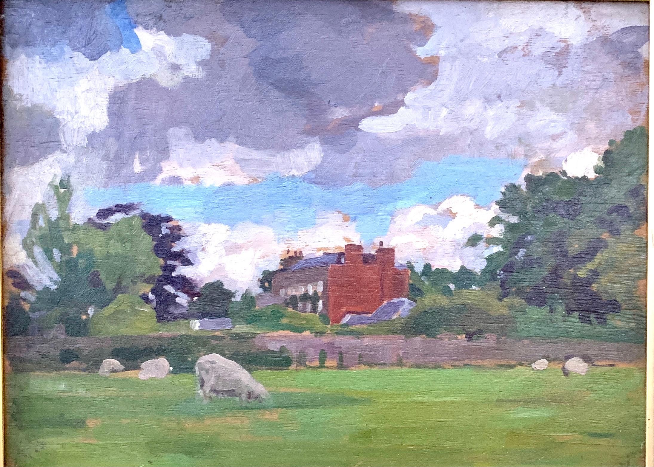 English oil Impressionist landscape with sheep in a field. Early 20th century - Painting by A. Solomon