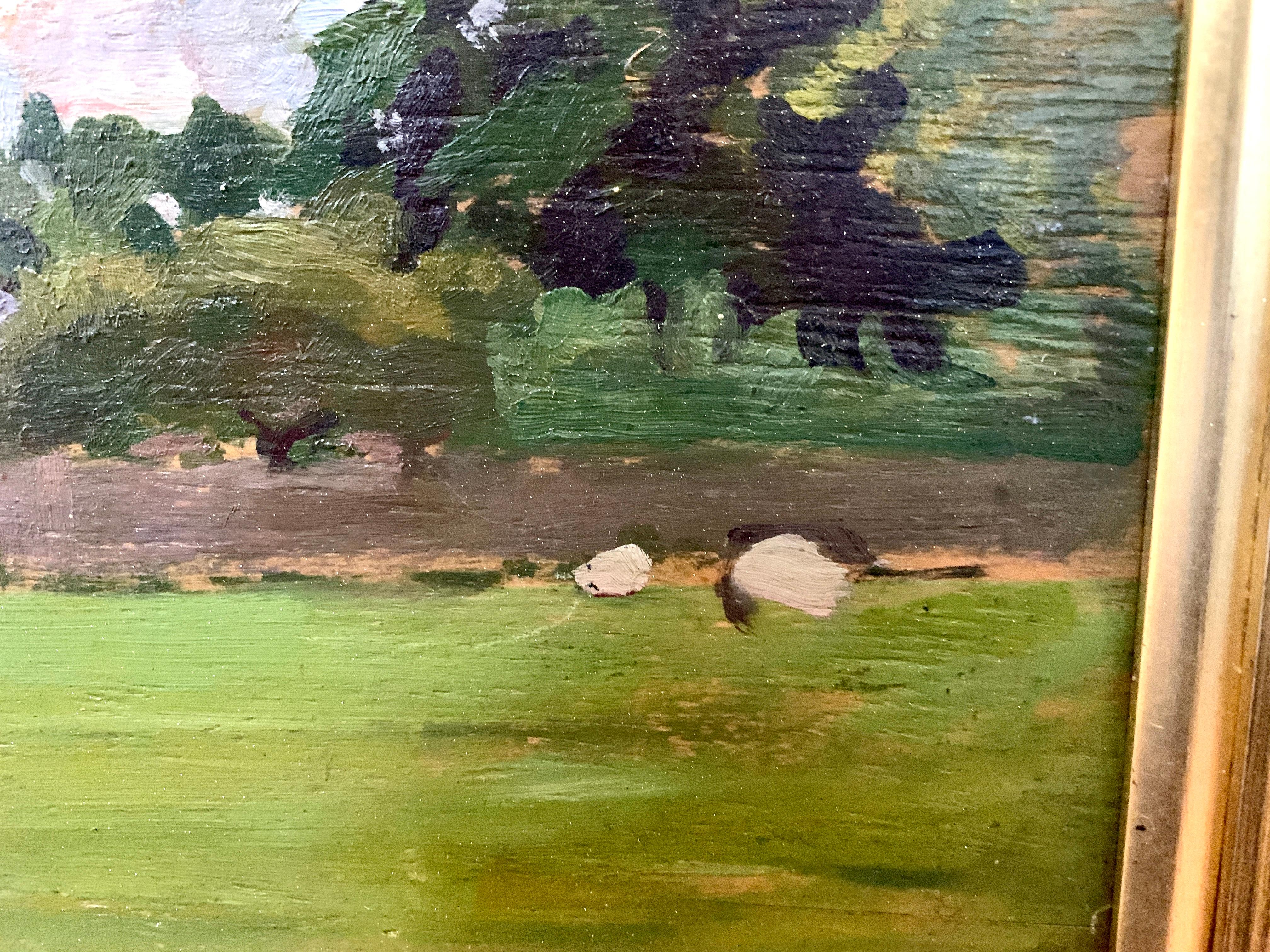 English oil Impressionist landscape with sheep in a field. Early 20th century For Sale 2