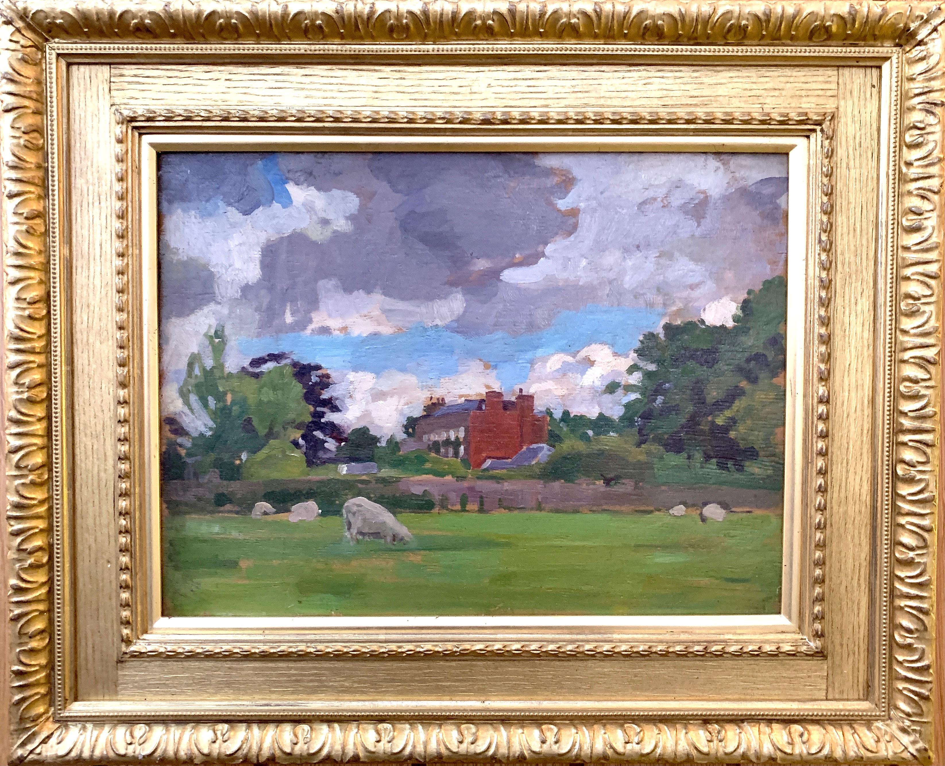 A. Solomon Figurative Painting - English oil Impressionist landscape with sheep in a field. Early 20th century
