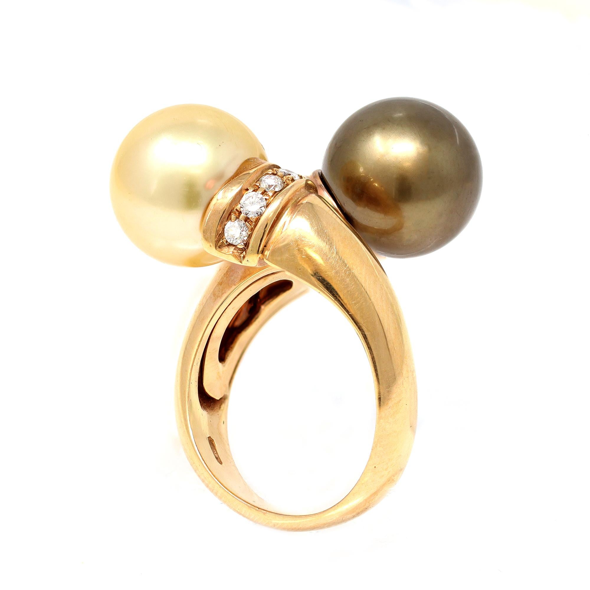 Modern South Sea Pearl and Diamond Bypass Ring in 18 Karat Rose Gold
