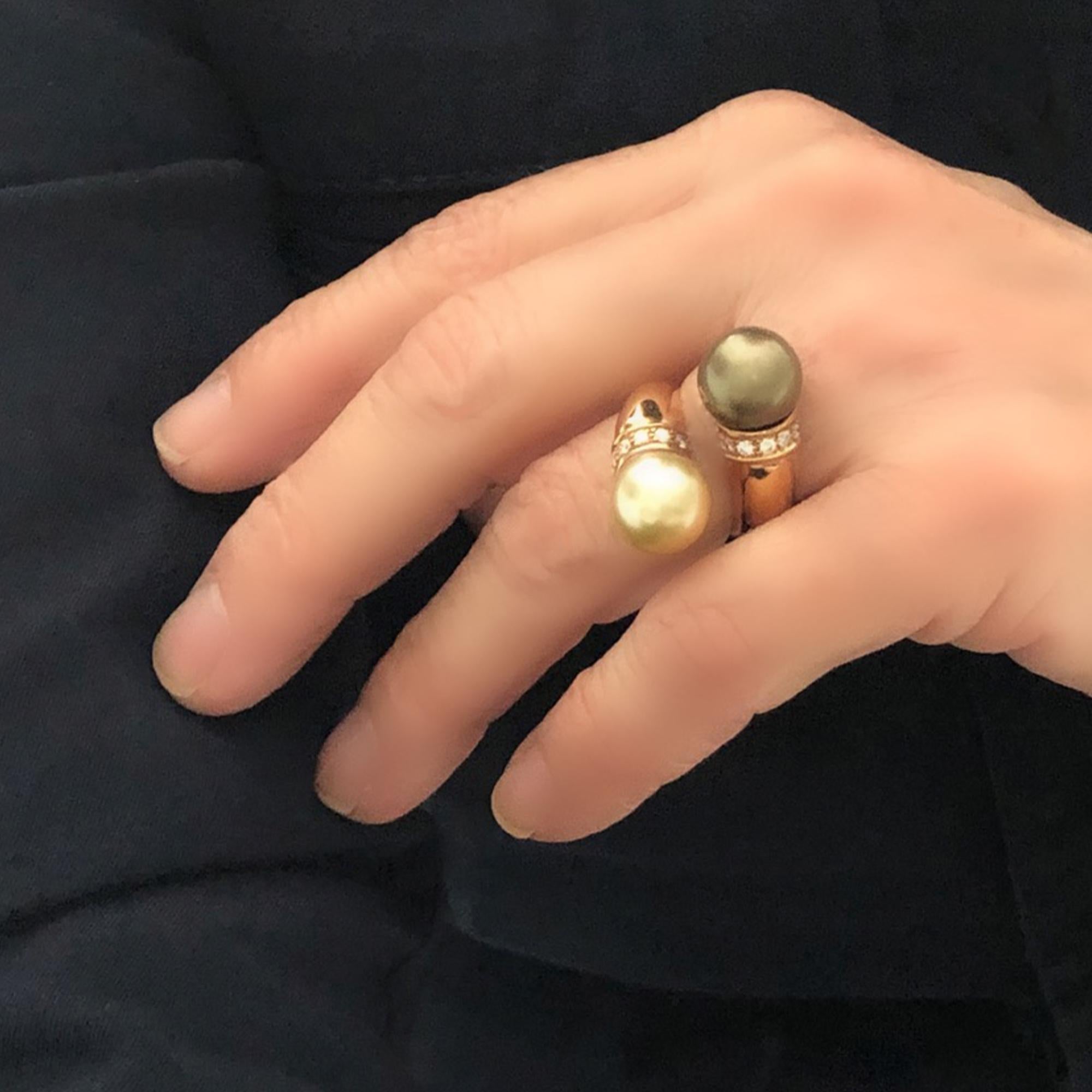 South Sea Pearl and Diamond Bypass Ring in 18 Karat Rose Gold In Excellent Condition In Miami, FL