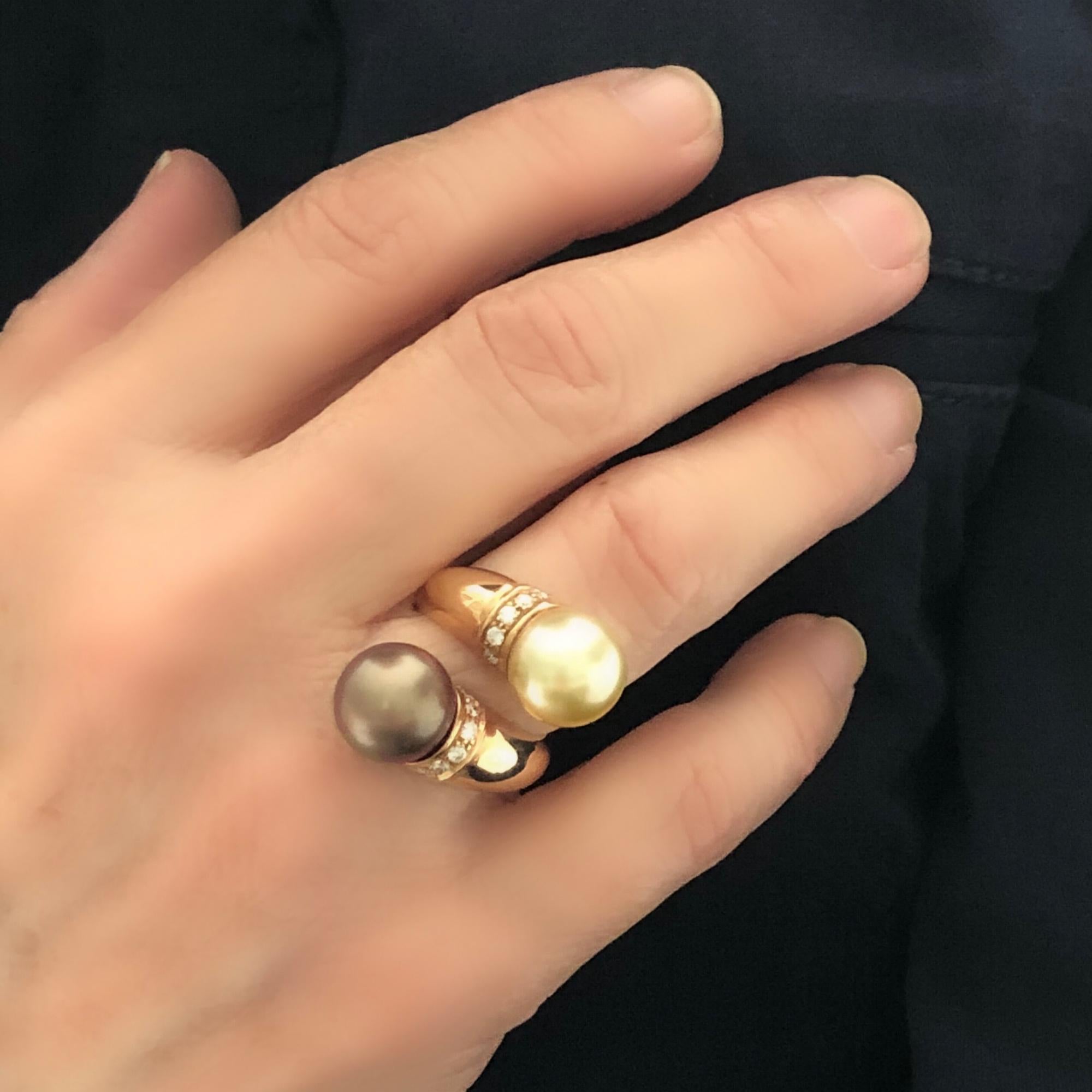 Women's or Men's South Sea Pearl and Diamond Bypass Ring in 18 Karat Rose Gold