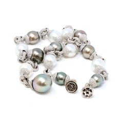 South-Sea & Tahitian Pearl Diamond Station Necklace Set in 18K CA 1990