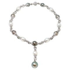 Vintage South-Sea & Tahitian Pearl Diamond Station Necklace Set in 18K CA 1990