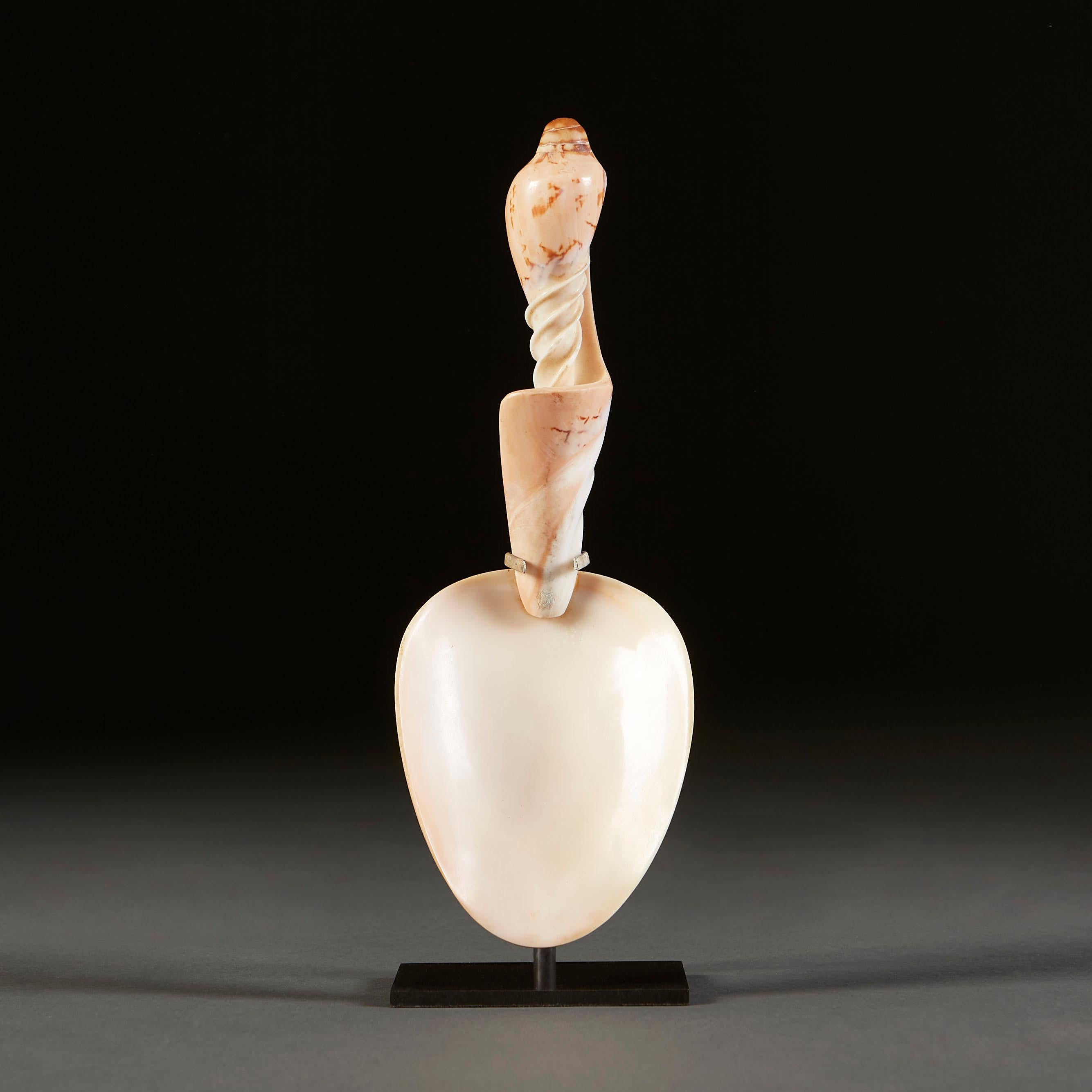 An early twentieth century shell spoon, comprised of two shells and supported on a metal stand. The handle is delicately carved from a singular shell, with the outer portion of shell removed to reveal the delicate spiral form inside. The head of the