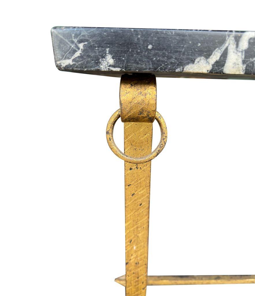 A Spanish 1950s wrought iron gilt console table with Nero Marquina marble top For Sale 9