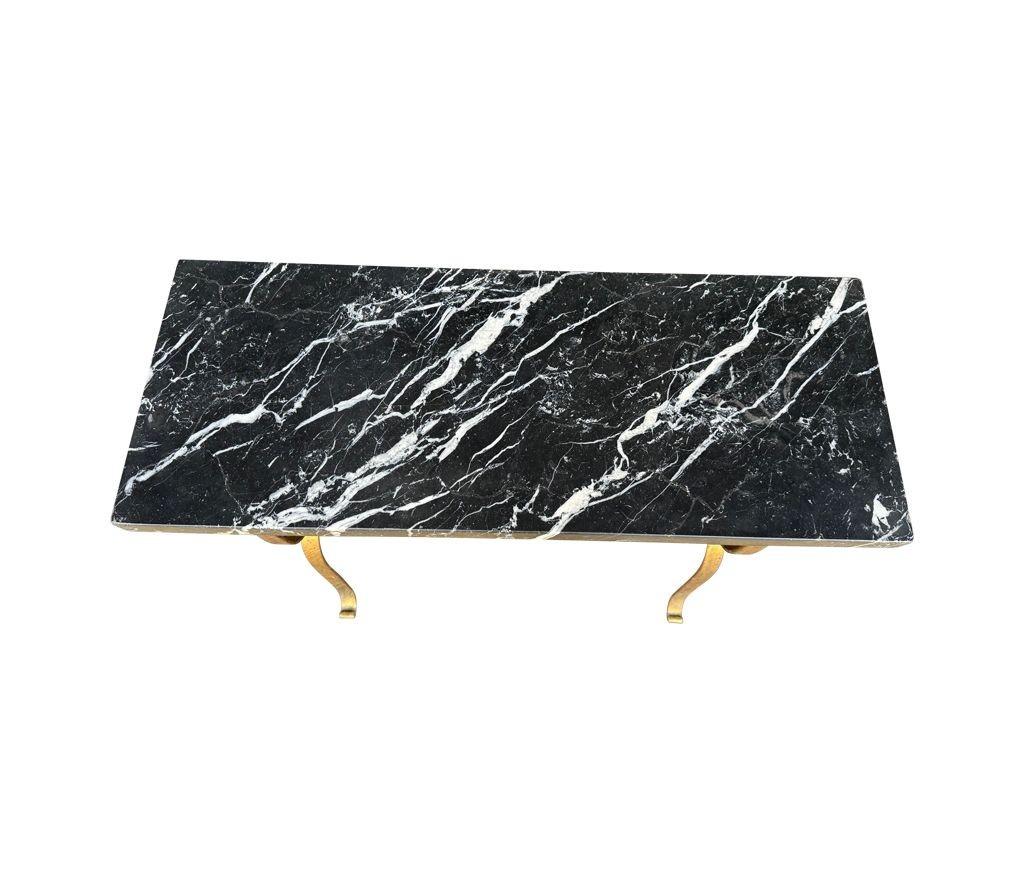 A Spanish 1950s wrought iron gilt console table with Nero Marquina marble top For Sale 12
