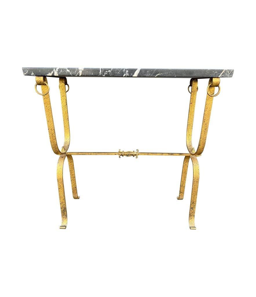 A Spanish 1950s wrought iron gilt console table with Nero Marquina marble top For Sale 13