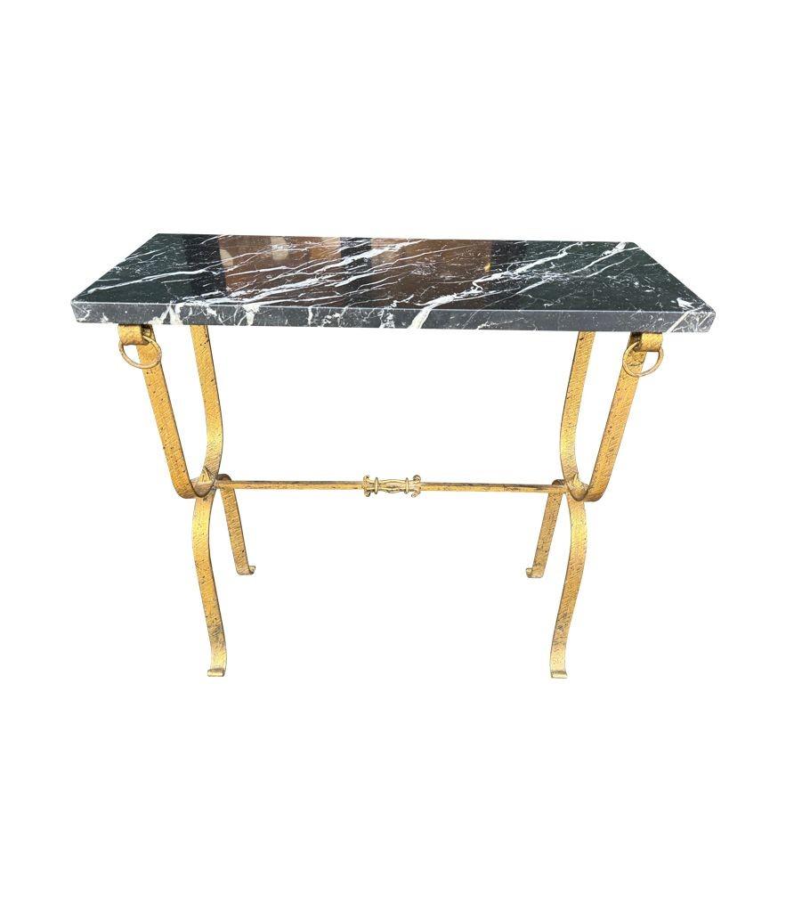 Mid-Century Modern A Spanish 1950s wrought iron gilt console table with Nero Marquina marble top For Sale