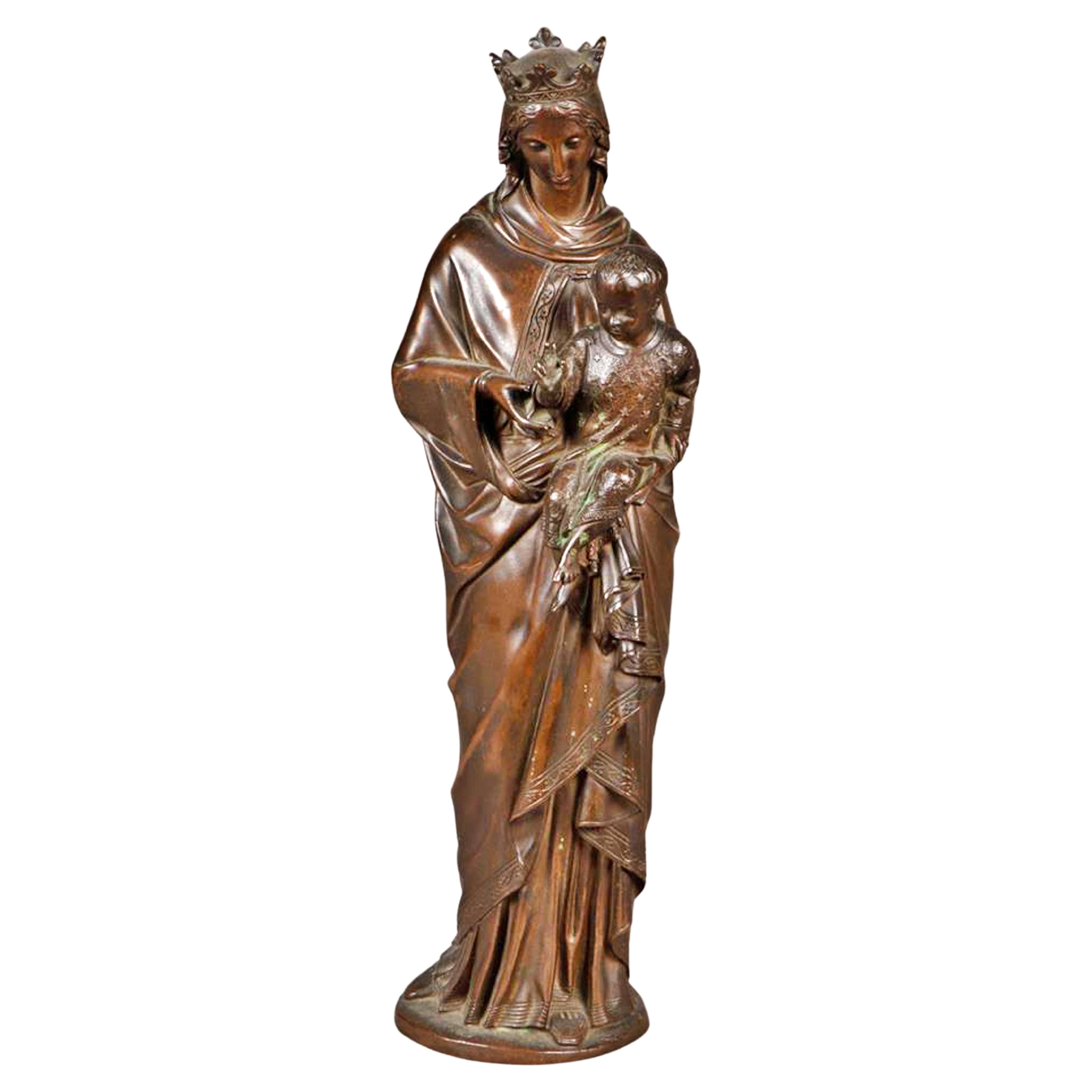 Spanish Bronze Sculpture End 19th Century "Holy Mary with the Christ Child" For Sale