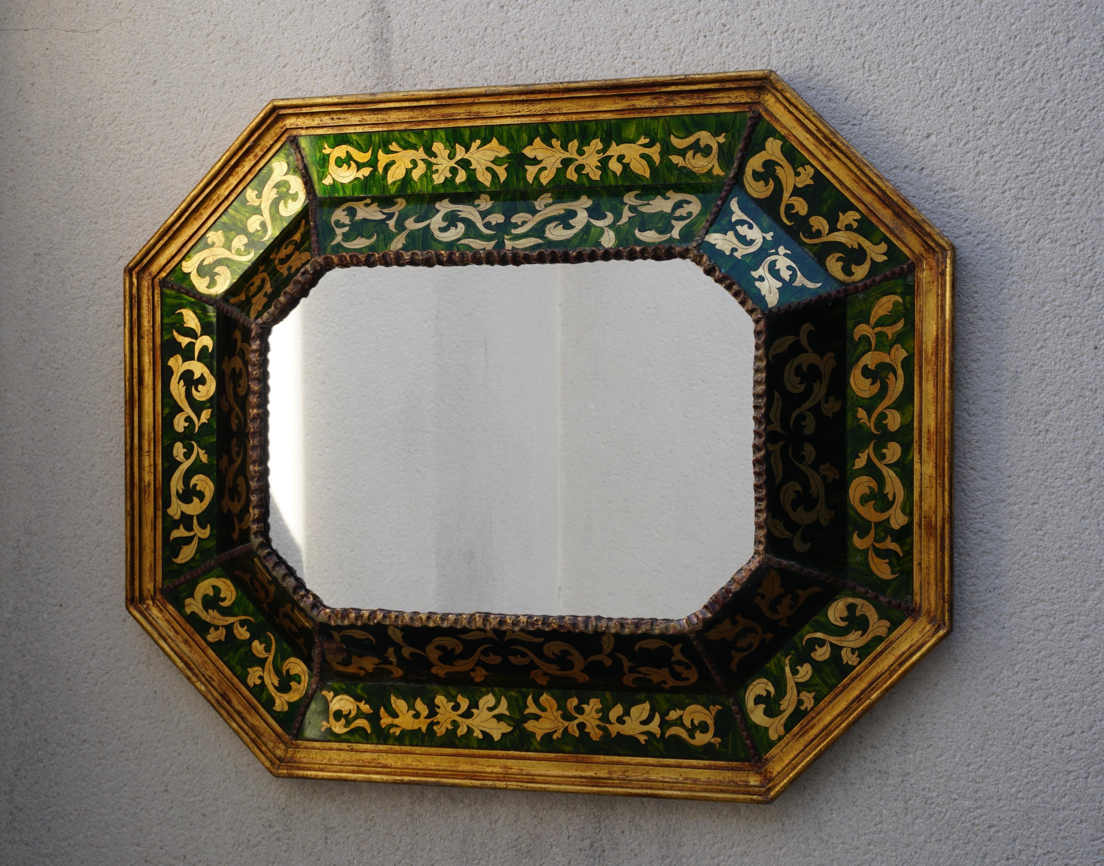 Hollywood Regency A Spanish Glass Verre Eglomise Gilded Mirror c. 1930 For Sale